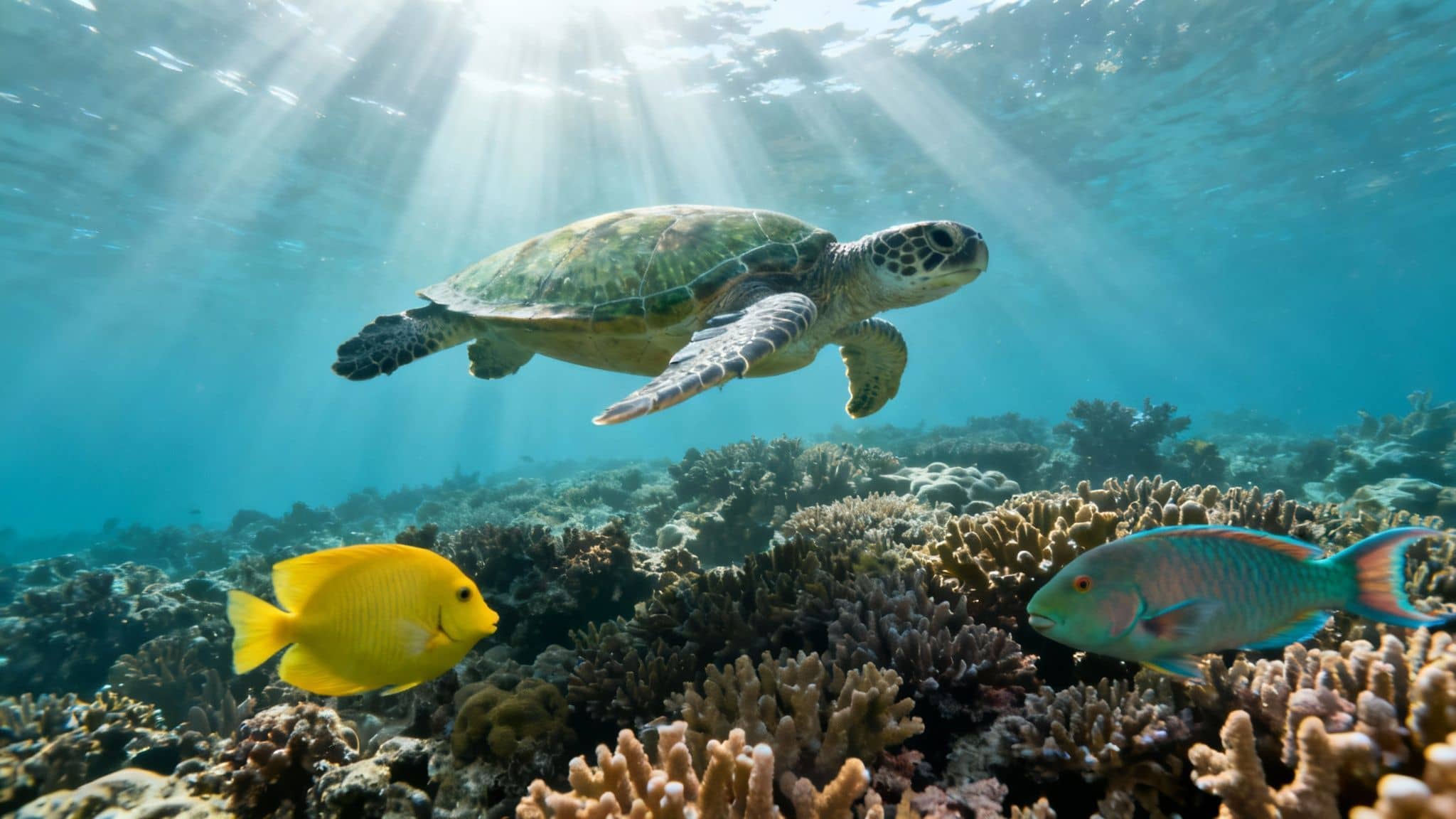 A Hawaiian Green Sea Turtle glides over a colorful coral reef.