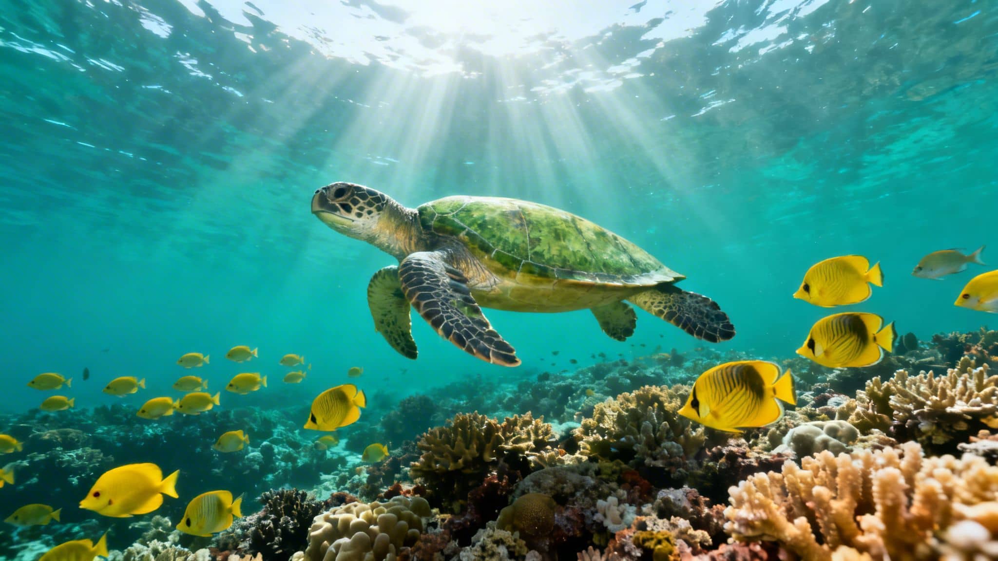 A majestic sea turtle gracefully swims above a vibrant coral reef with schooling yellow fish.