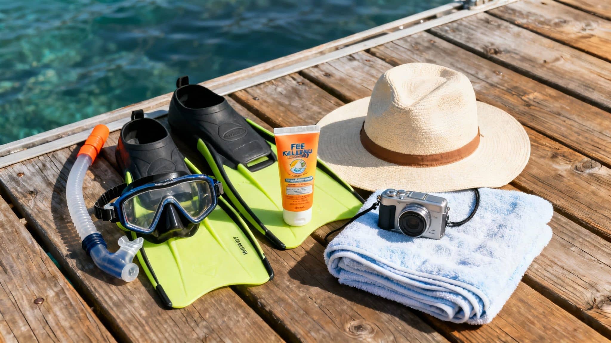 Snorkeling gear, sunscreen, a straw hat, camera, and towel laid out on a wooden dock by blue water.