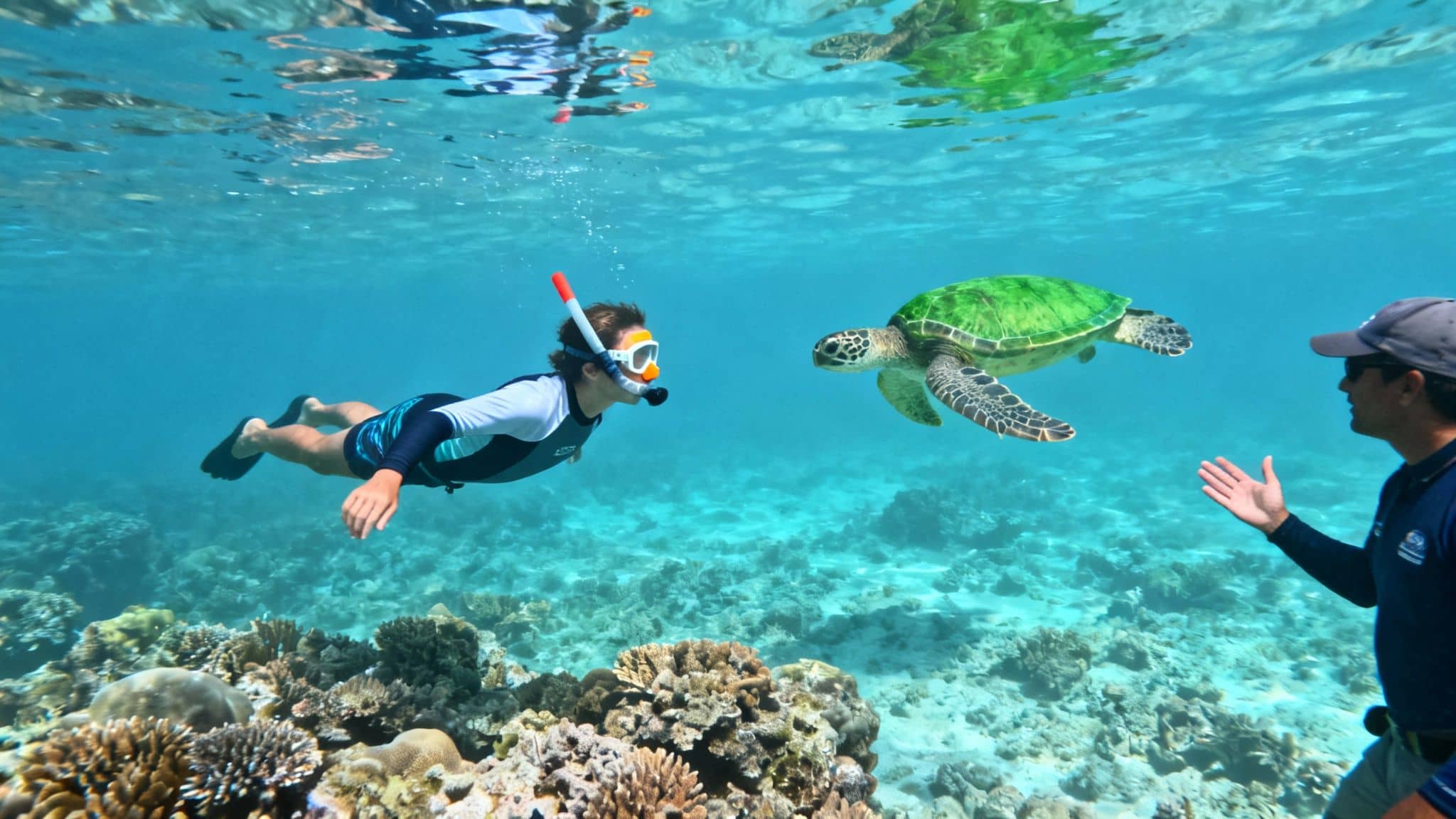 Young snorkeler closely observes a majestic green sea turtle while guided in clear ocean water.