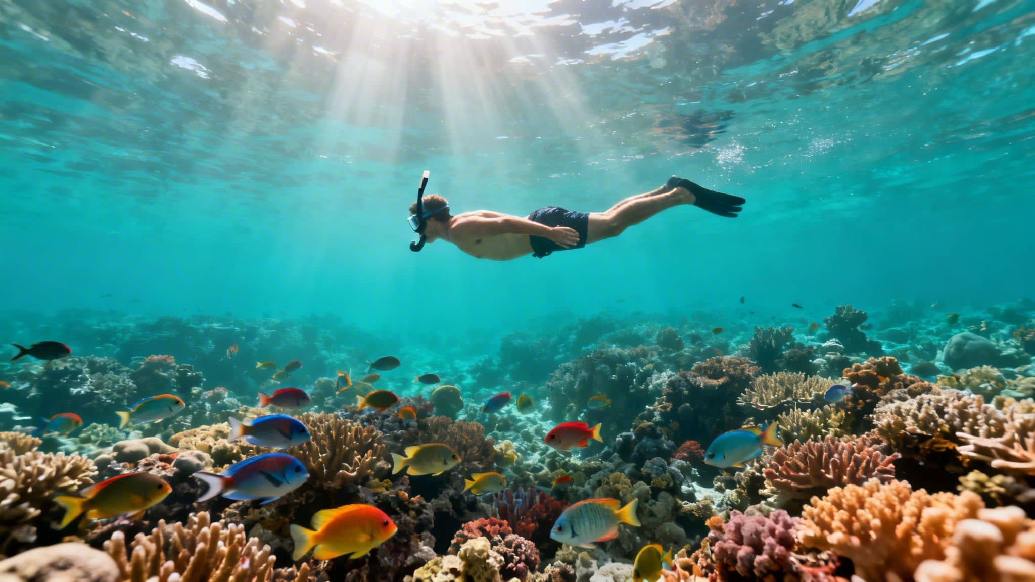 A snorkeler glides above a vibrant coral reef, surrounded by colorful tropical fish.
