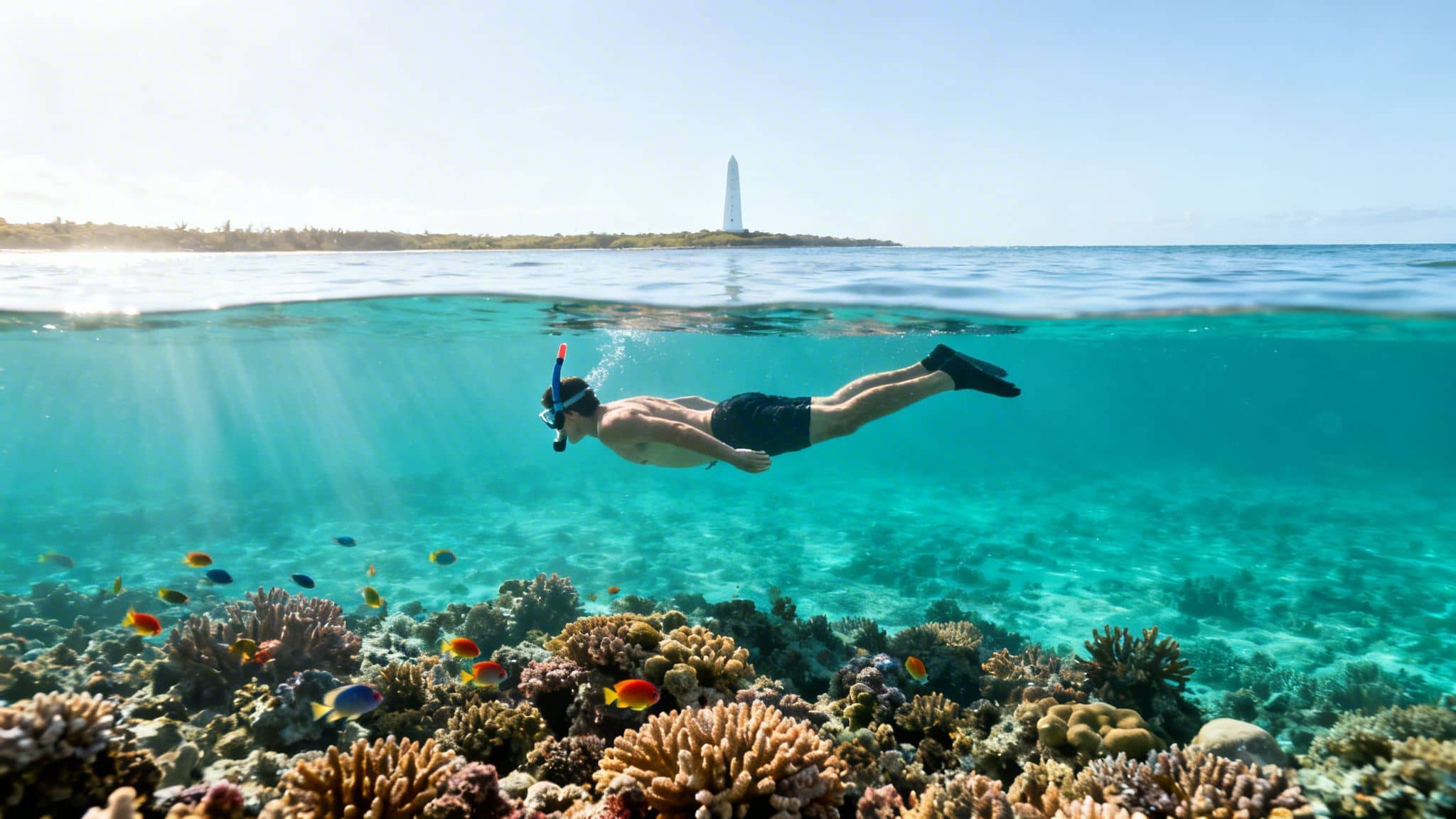 Man snorkeling over a vibrant coral reef with colorful fish, a lighthouse on an island above water.
