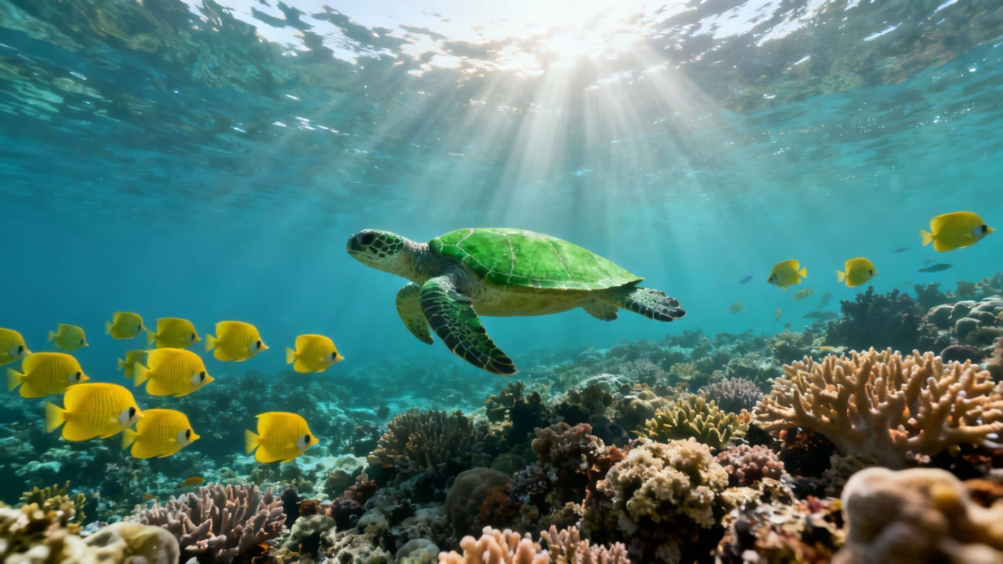 A green sea turtle swims among a school of yellow fish over a vibrant coral reef, with sun rays.