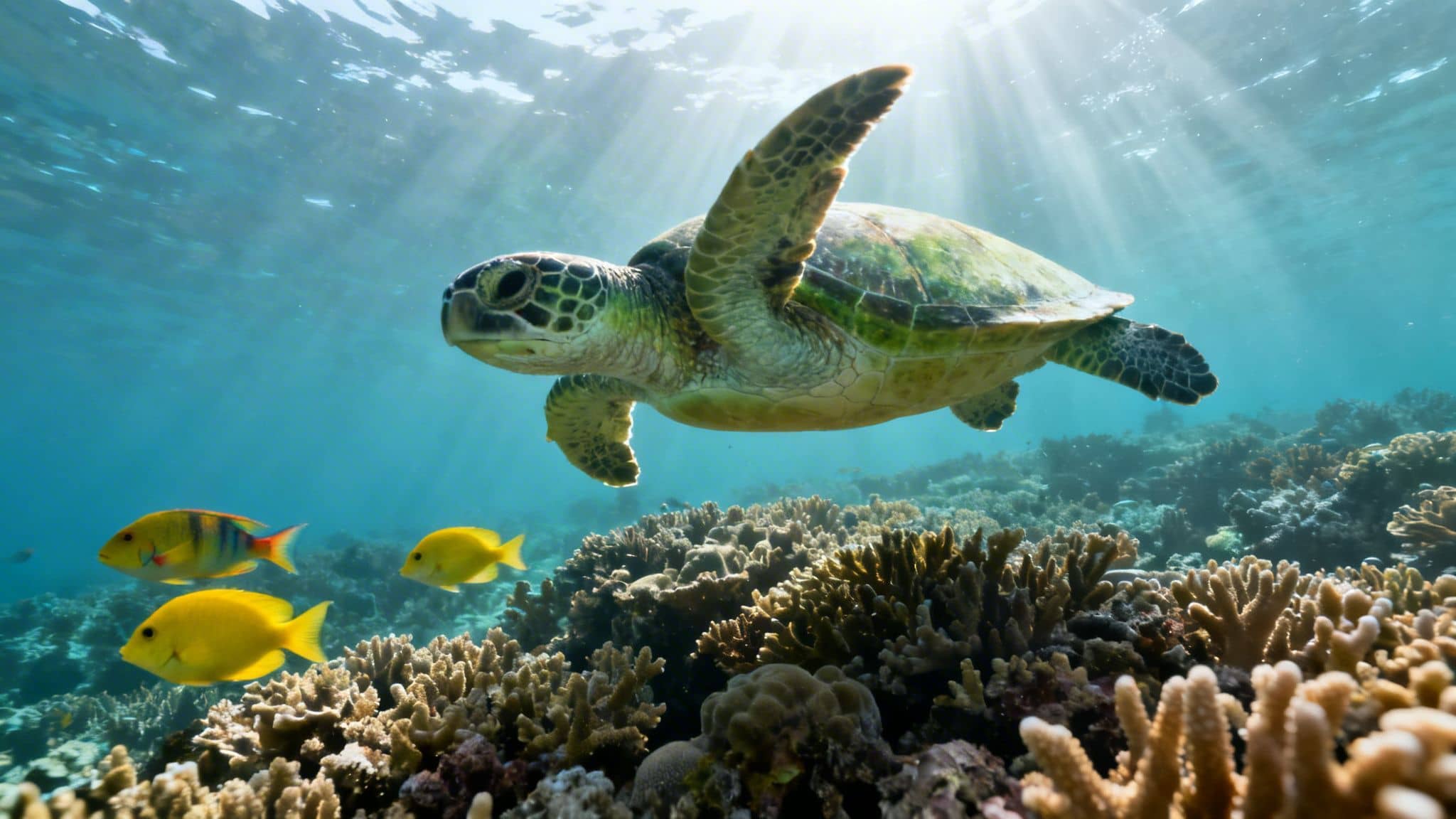 A majestic green sea turtle glides through sunlit blue water over a diverse coral reef with fish.