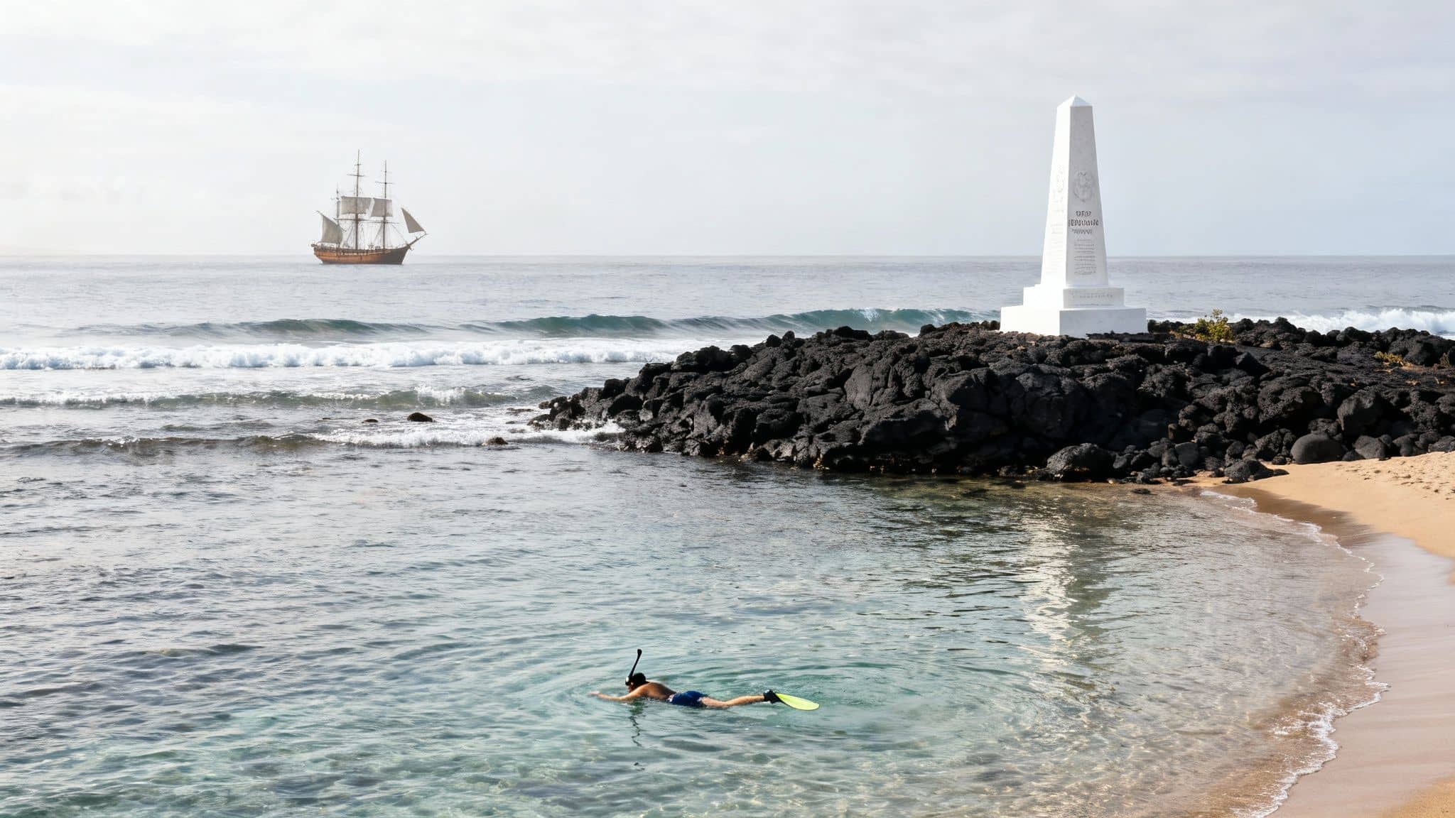 A person snorkeling in clear water near a rocky shore, a white monument, and a distant sailing ship.