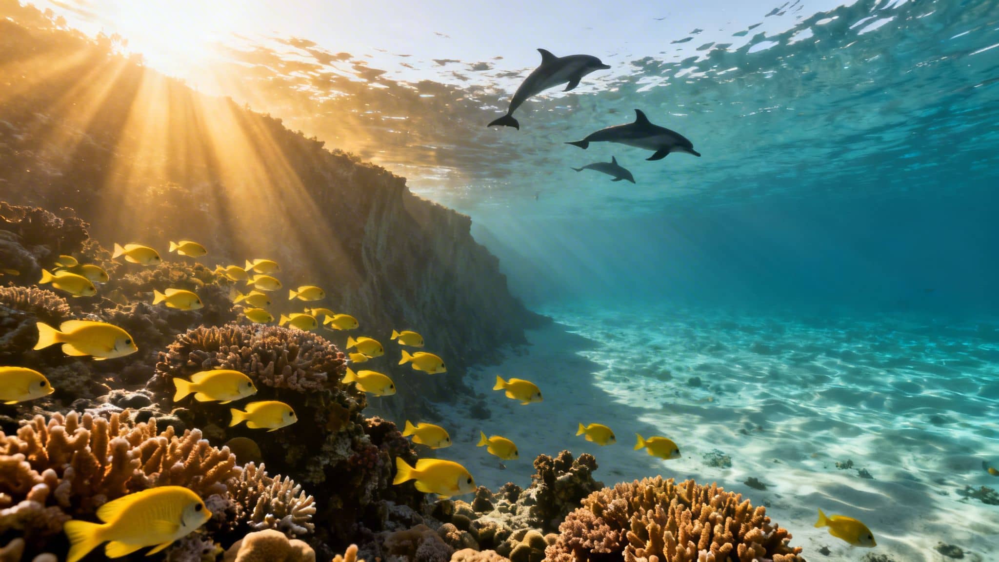 Underwater scene with coral reef, a school of yellow fish, sun rays, and three swimming dolphins.