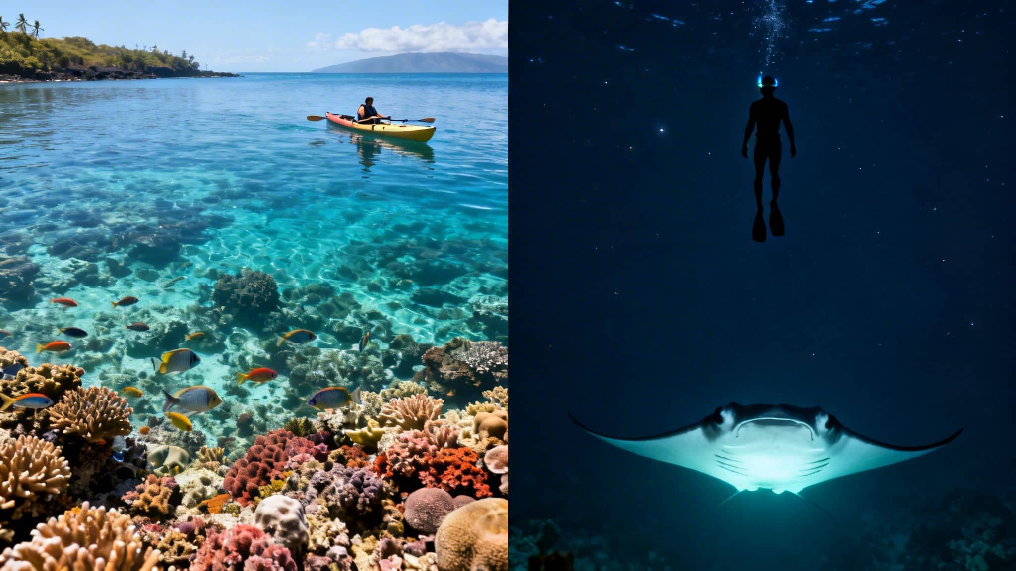 Split image showing a kayaker over a vibrant coral reef, and an underwater diver with a manta ray.