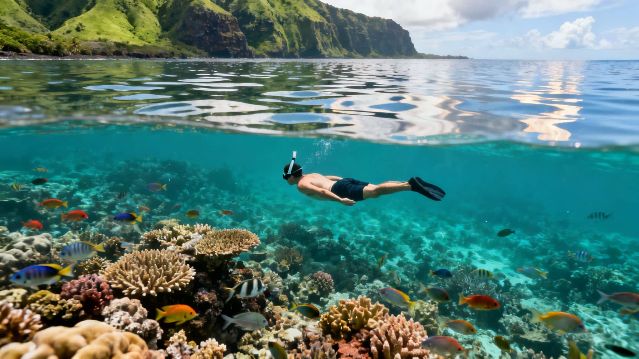 A man snorkeling in clear tropical waters, surrounded by colorful coral reefs and fish, with green mountains above.