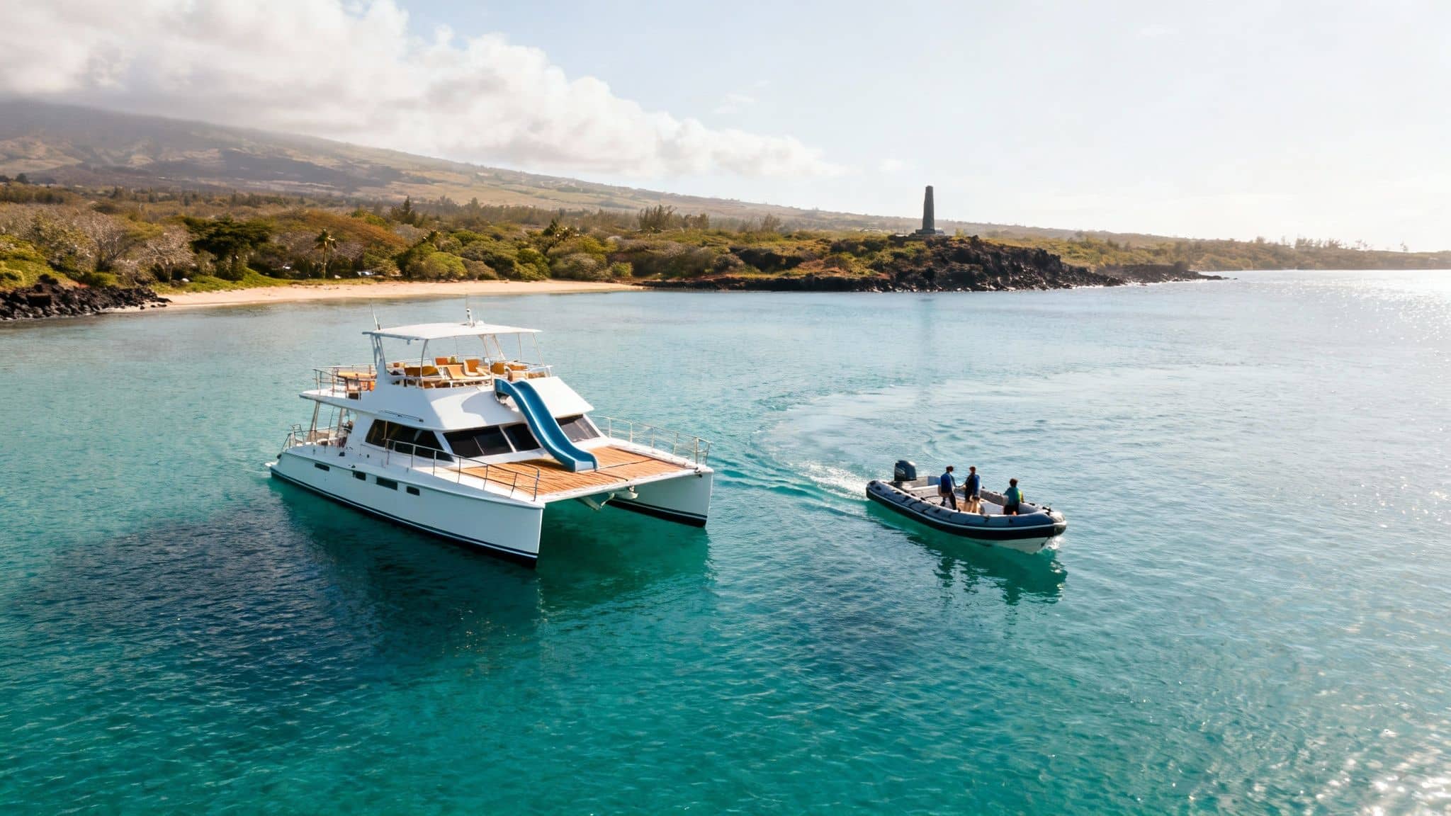 Luxury catamaran with a water slide and a dinghy on clear tropical ocean waters.