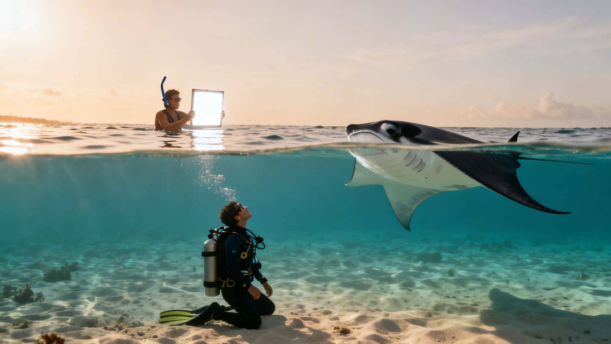 A split photo shows a scuba diver looking up at a manta ray underwater and a person holding a light above water at sunset.