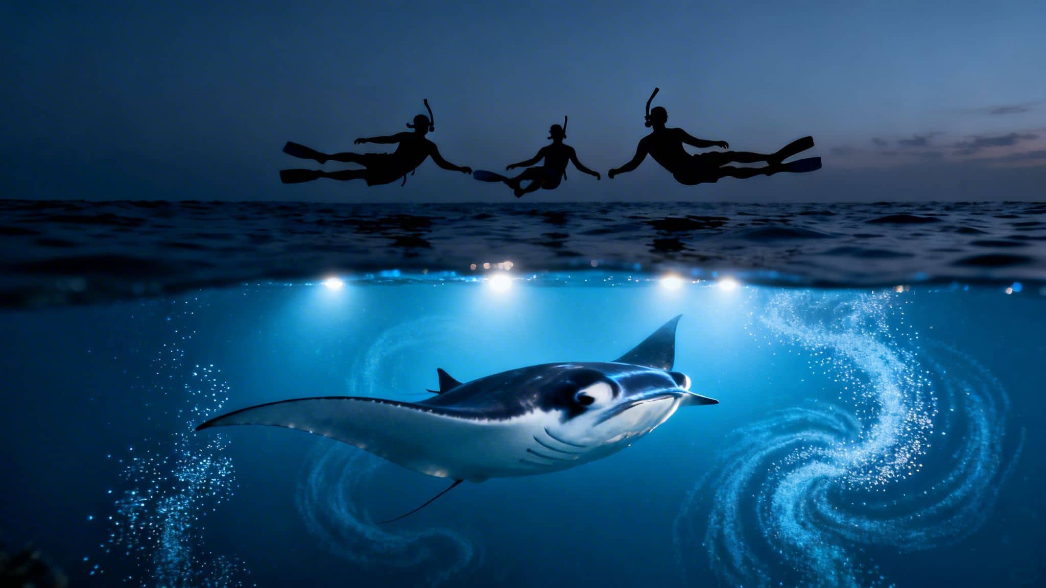 Three snorkelers float above a majestic manta ray illuminated by lights at night.