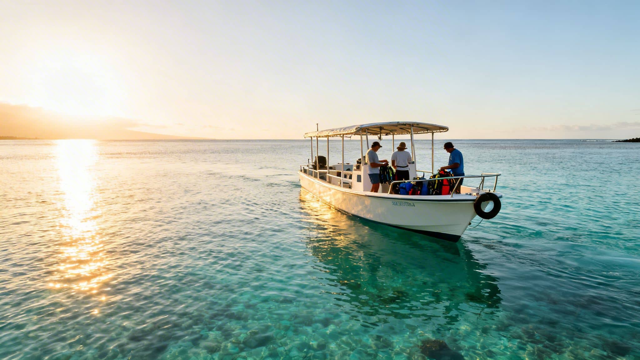 A boat with snorkelers on turquoise water, bathed in the golden light of a sunset.