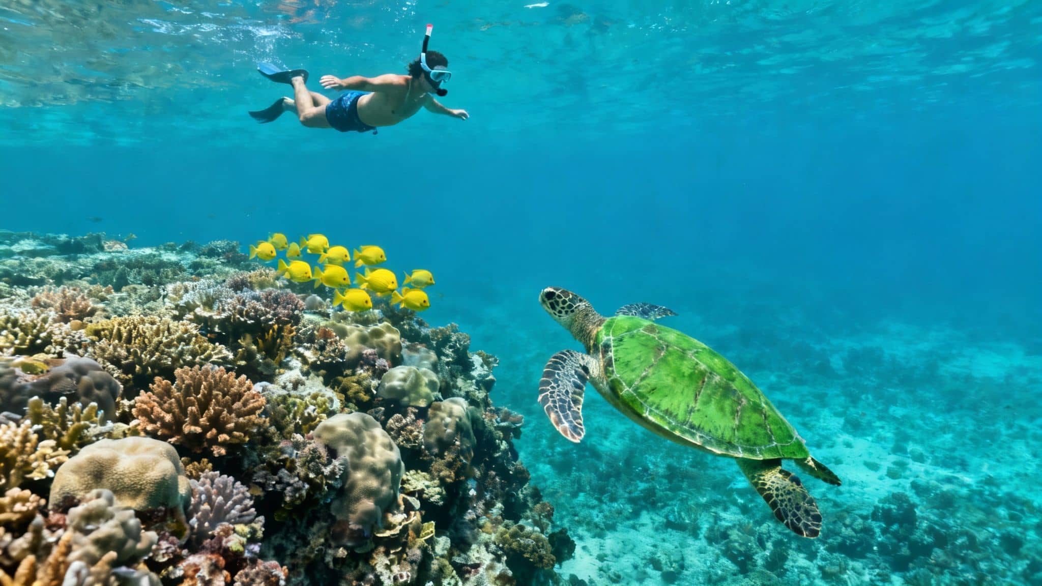 A snorkeler swims above a vibrant coral reef, observing a green sea turtle and a school of yellow fish.
