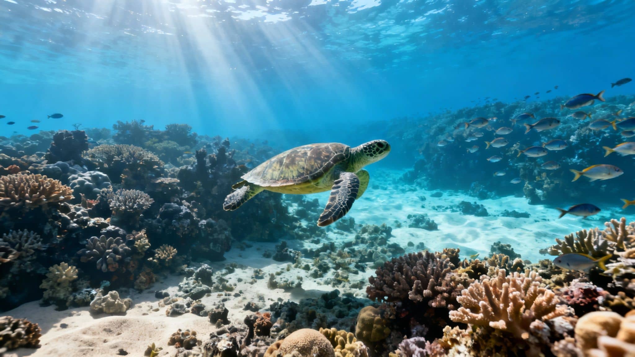 Sea turtle swimming over vibrant coral reef with tropical fish in crystal clear blue water