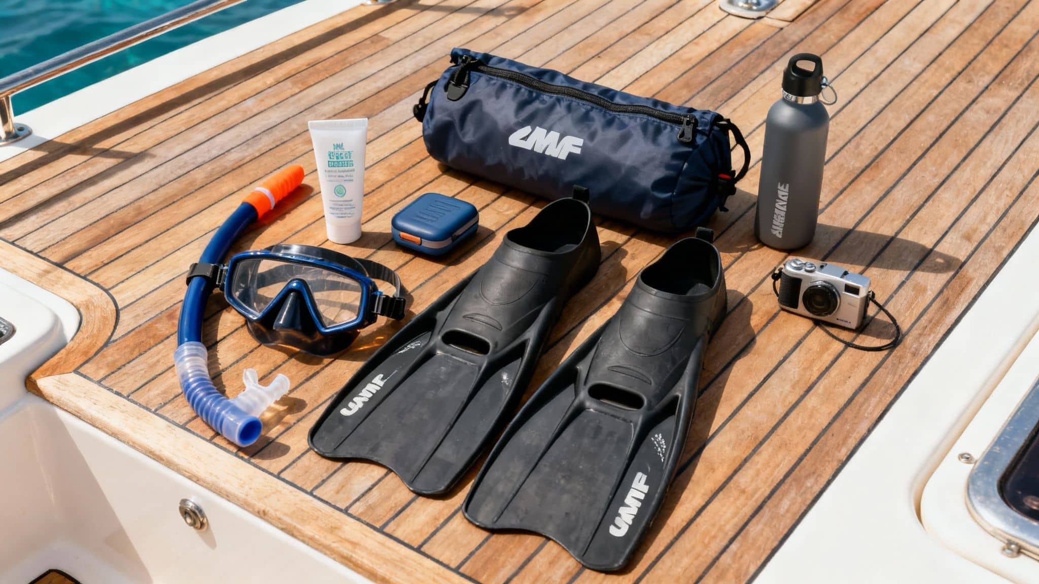 Snorkeling gear, water bottle, and camera arranged on a boat deck for a sea adventure.