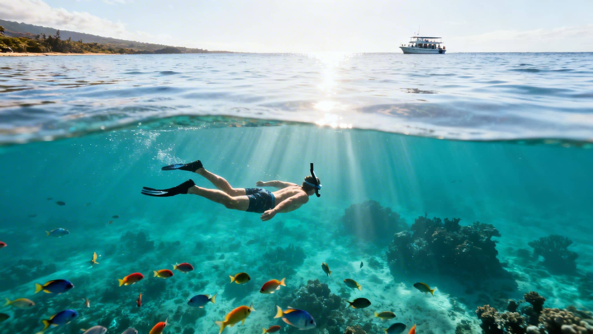 A split view of a person snorkeling in clear turquoise water with colorful fish and coral, a boat on the surface.