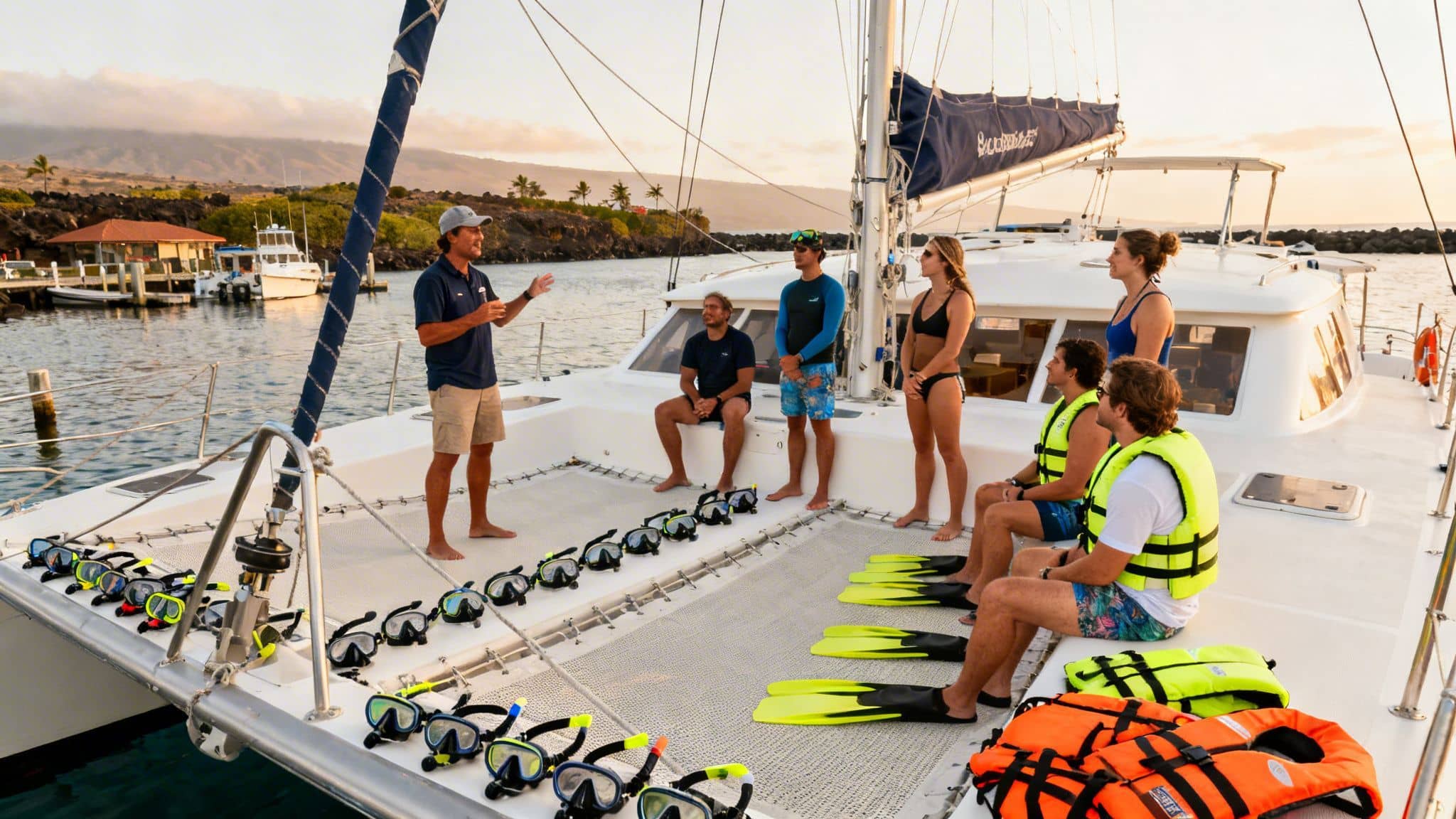 A captain briefing a group of people on a catamaran, with snorkeling gear ready.
