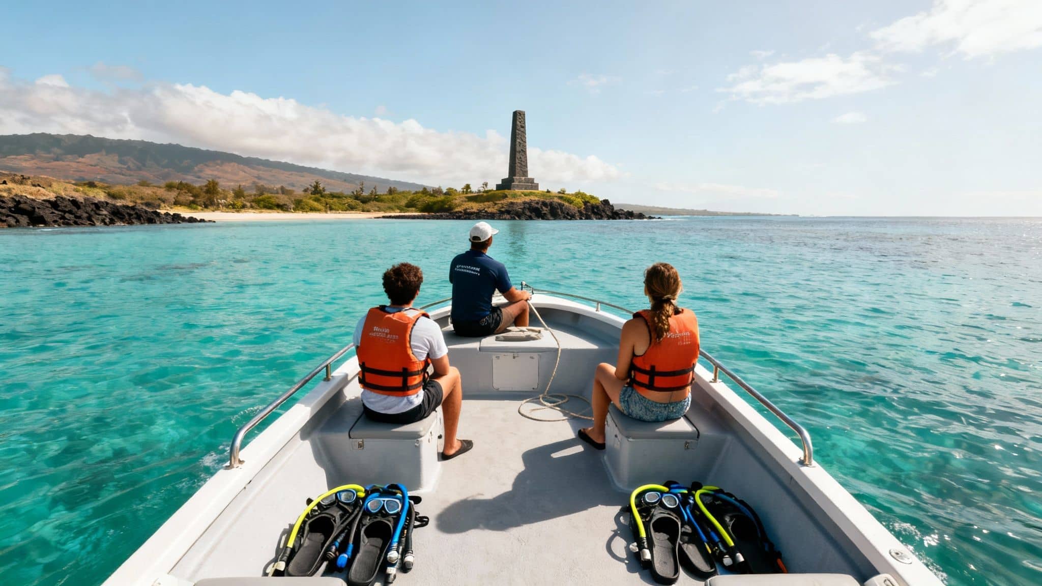 Three people in a boat with snorkeling gear, approaching a monument on a tropical island with clear blue water.