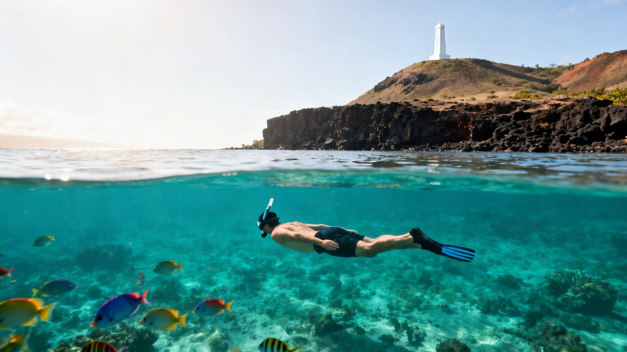 Man snorkeling underwater with colorful fish near a vibrant coral reef and a distant lighthouse.