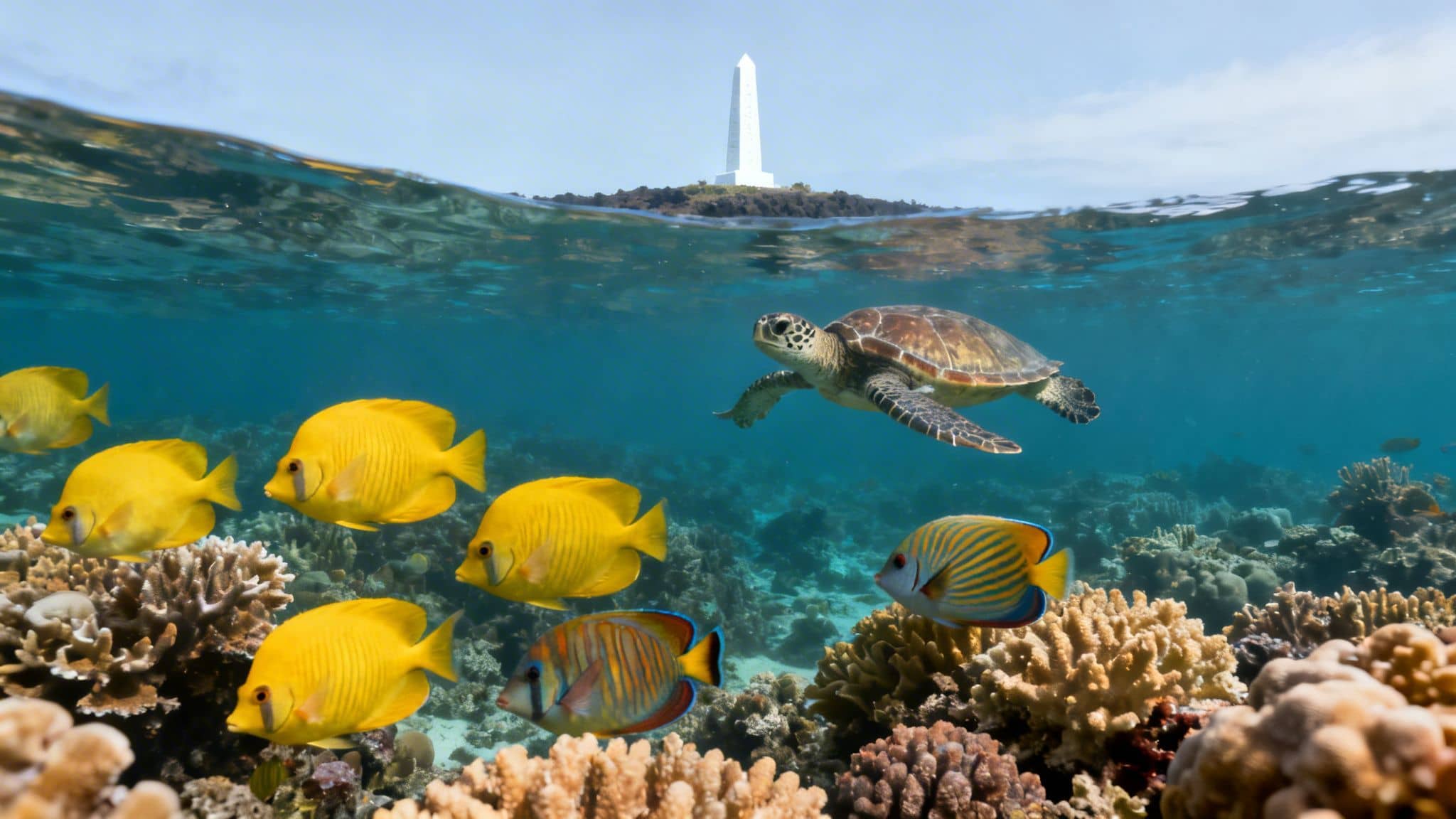 A sea turtle swims over a vibrant coral reef with yellow fish, an island and monument above water.