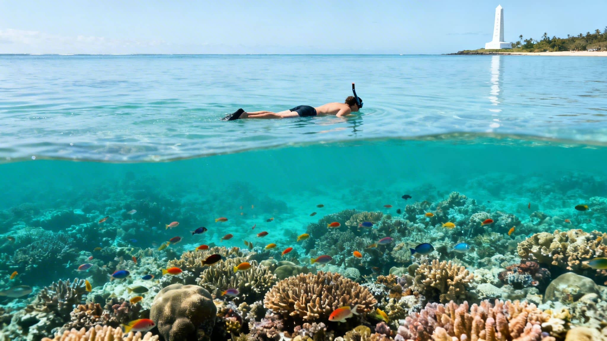 A snorkeler floats above a colorful coral reef teeming with fish, with a distant lighthouse on the shore.