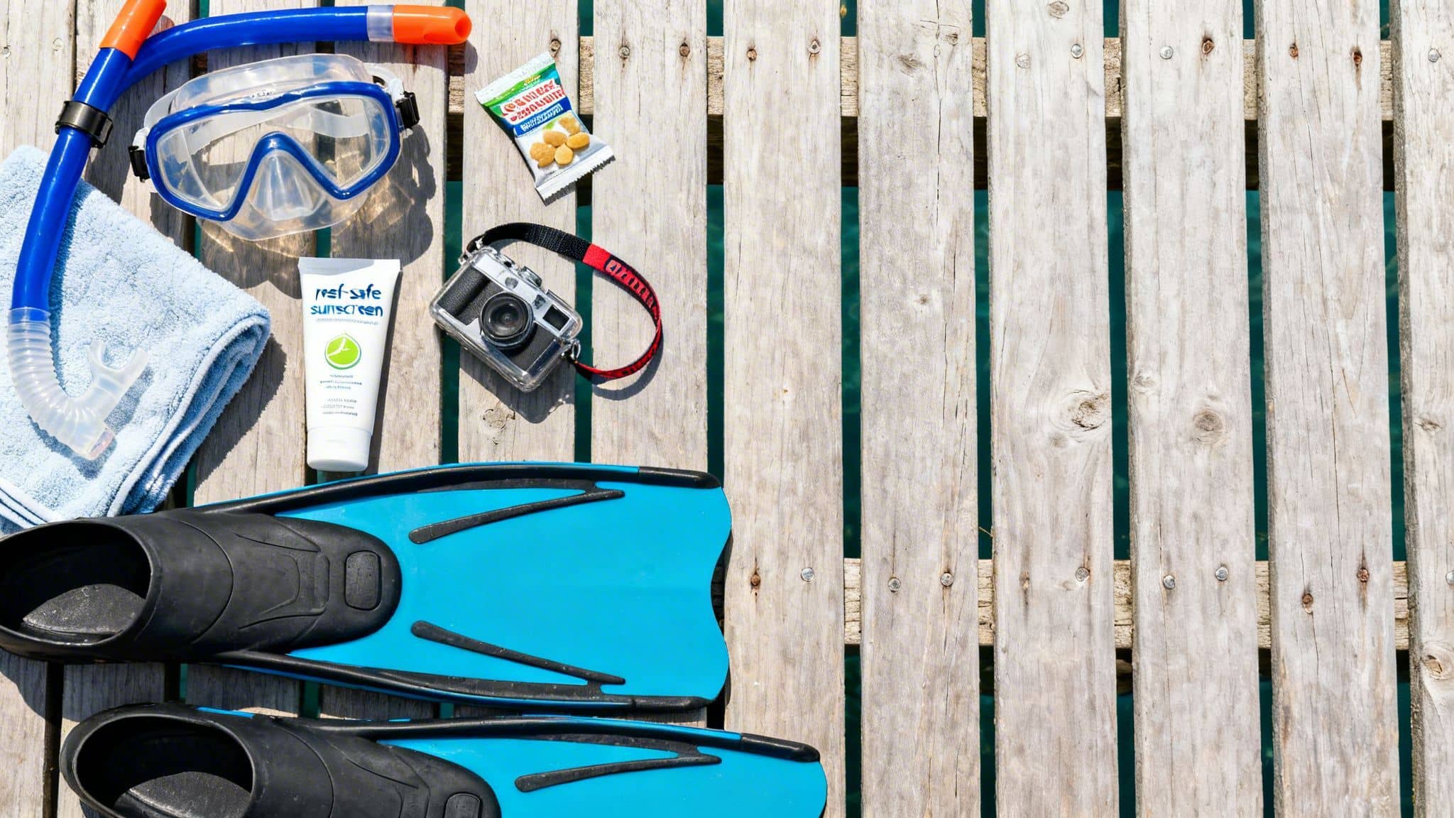 Snorkeling gear, sunscreen, camera, and snack bag laid on a wooden pier over blue water.