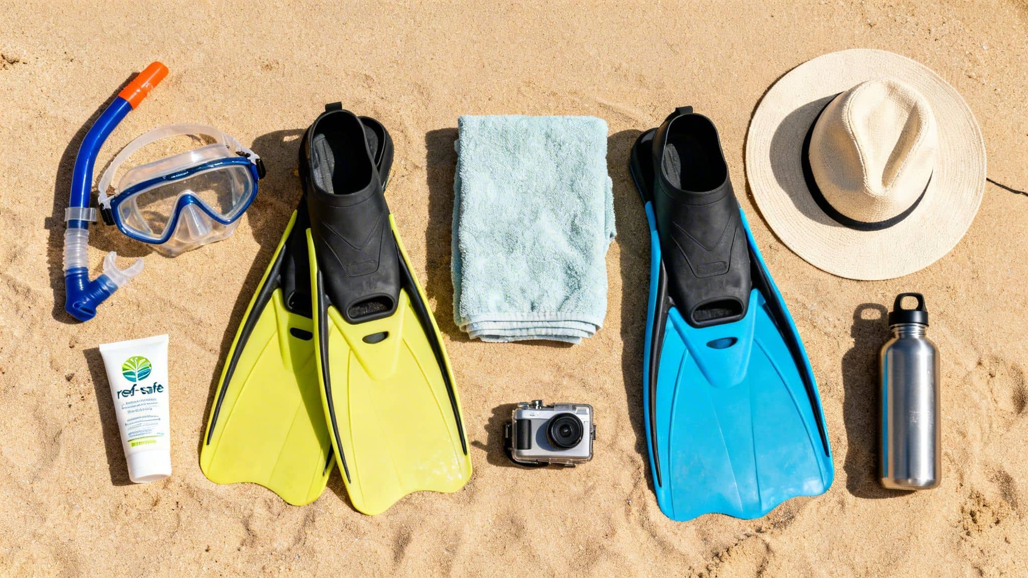A flat lay of snorkeling gear including fins, mask, snorkel, reef-safe sunscreen, towel, camera, hat, and water bottle laid out on the sand.