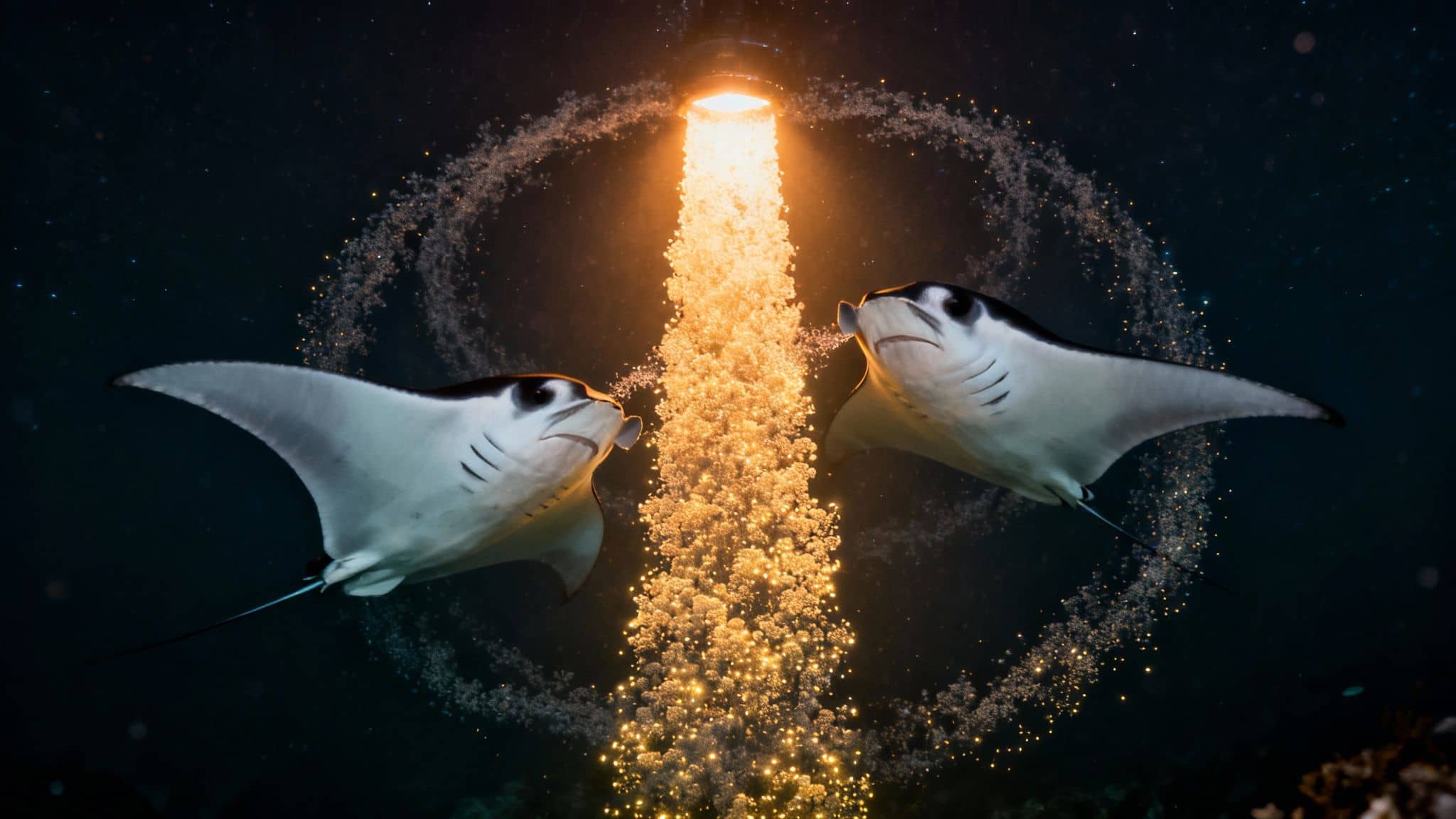 Two majestic manta rays swim under a glowing light source creating a bubble circle.