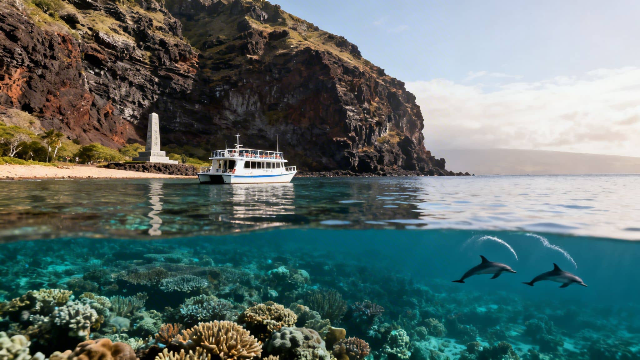 Split-level shot of a boat near a monument on a rocky coast, with dolphins swimming over a coral reef underwater.