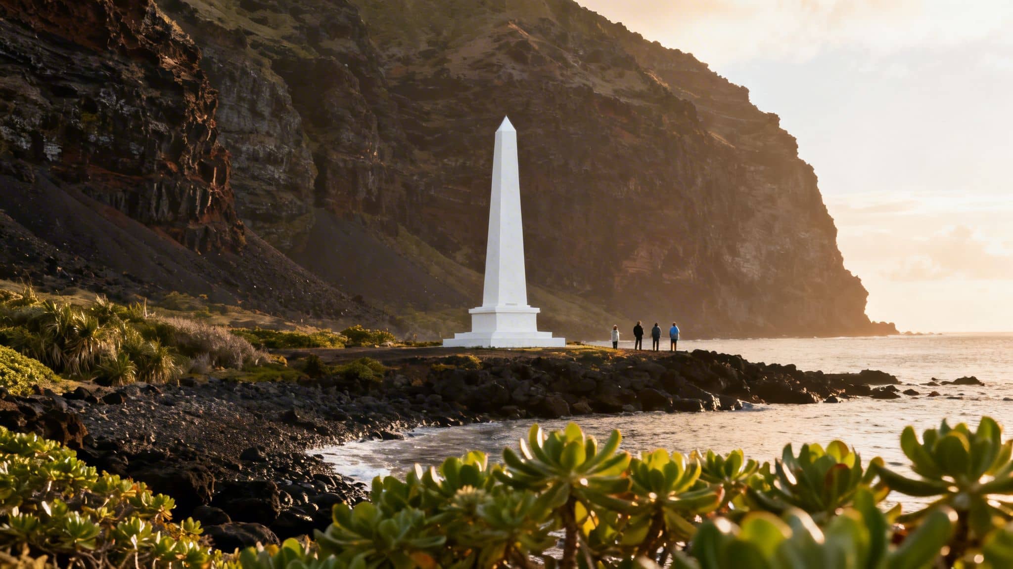 The white Captain Cook Monument stands tall on a rocky coastline with people, cliffs, and ocean during sunset.