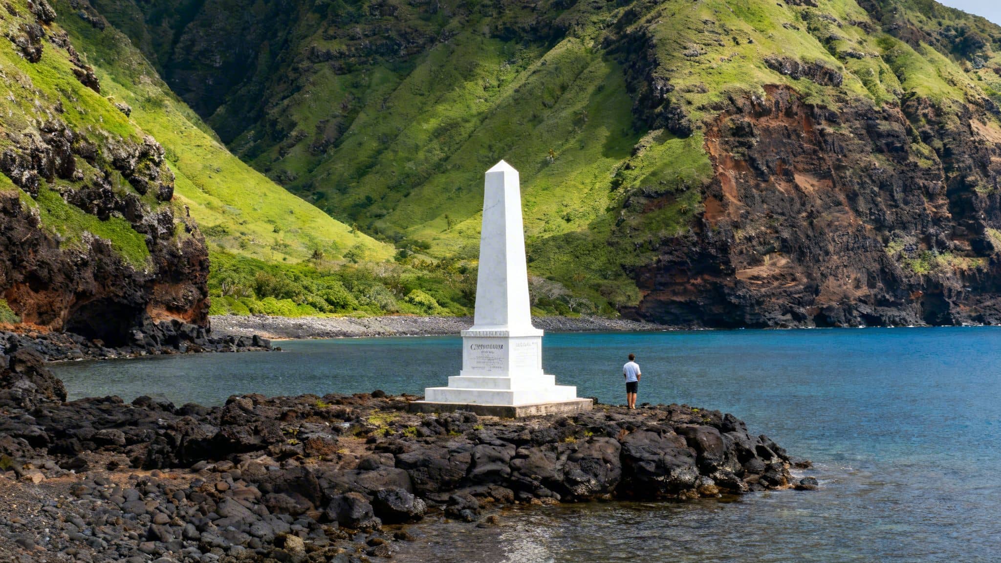 A white obelisk monument stands on a black rocky point beside a bay with lush green mountains. A person views the monument.