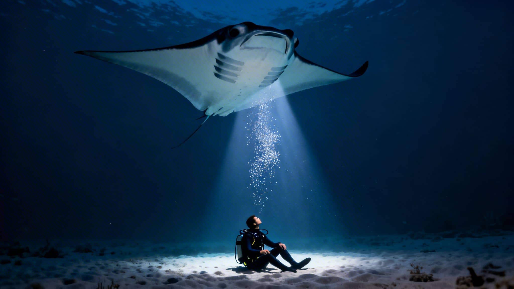 A diver sits on the sandy ocean floor, looking up at a majestic manta ray above with bubbles.