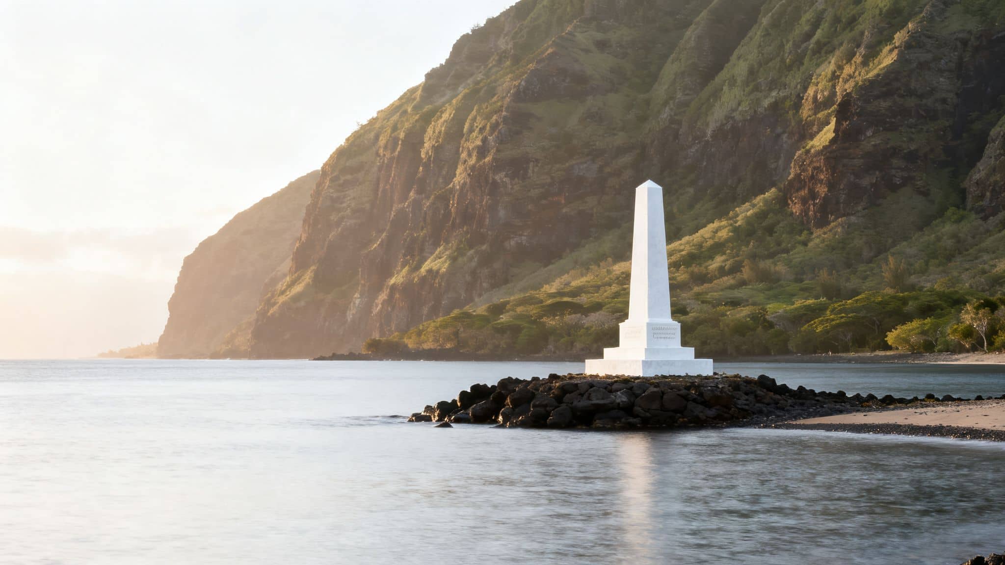 White Captain Cook Monument obelisk stands prominently by calm Kealakekua Bay, backed by lush green cliffs.