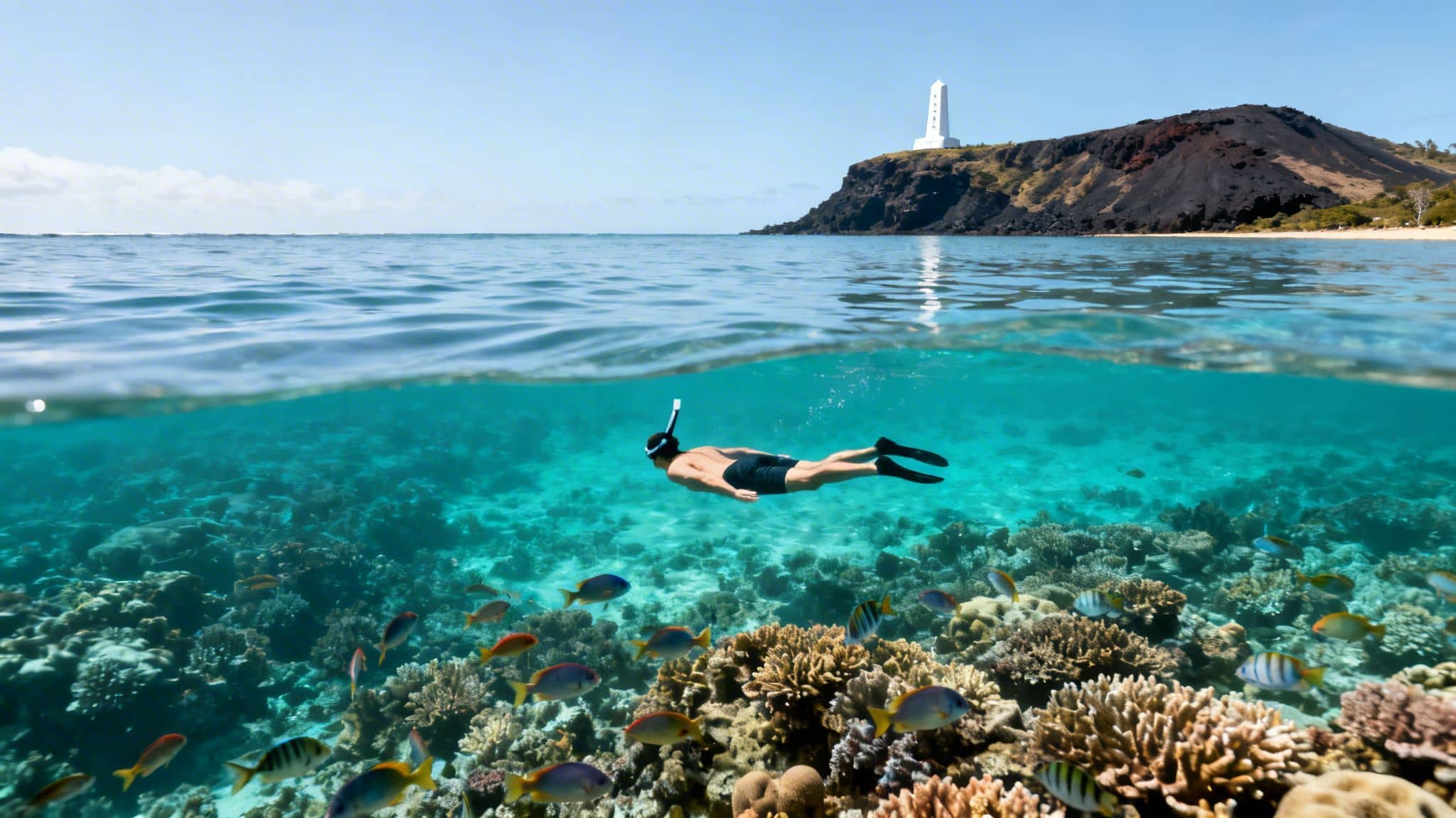 A split-level view of a man snorkeling in clear tropical waters with coral and fish, near an island with a lighthouse.