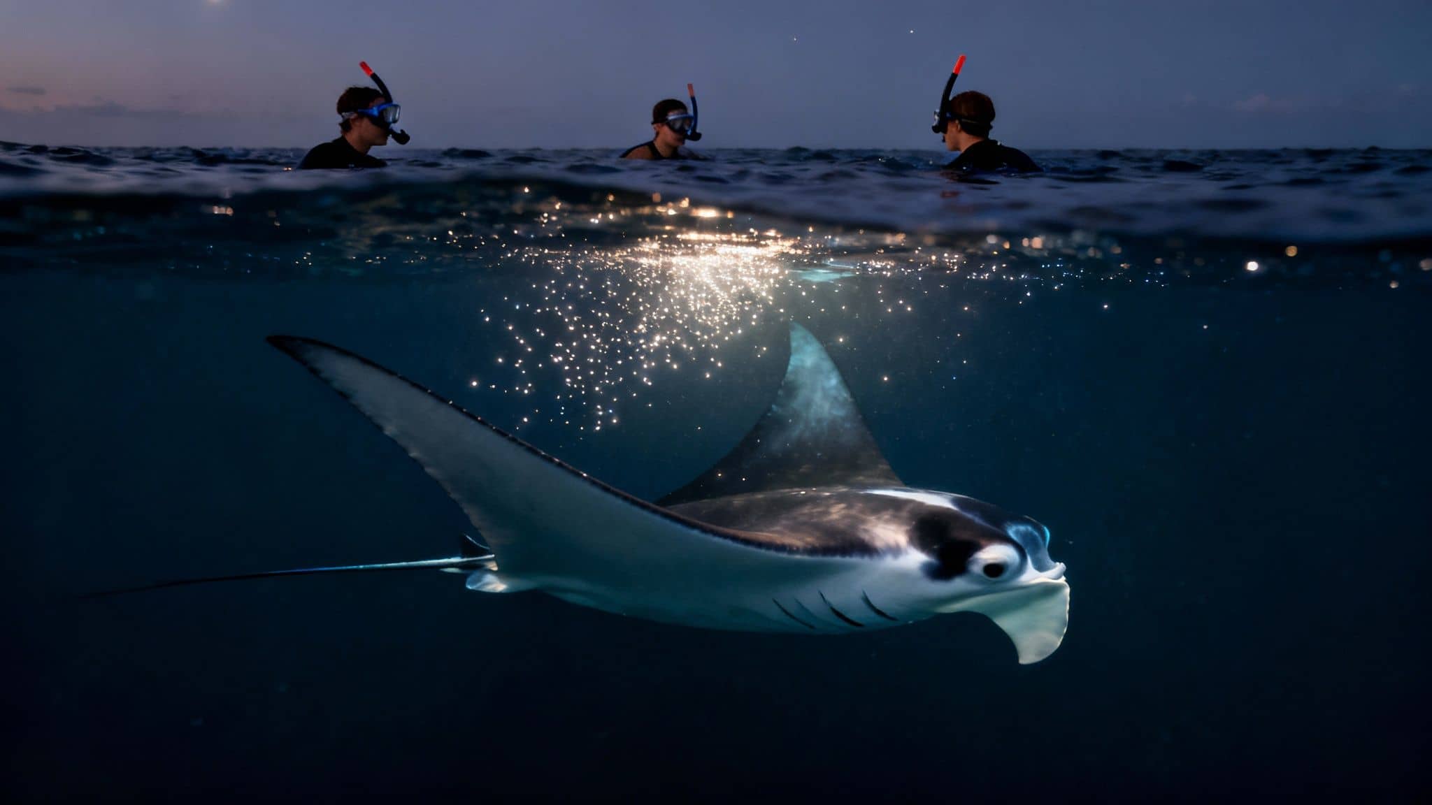 Three snorkelers observe a majestic manta ray swimming gracefully beneath the ocean surface at dusk.