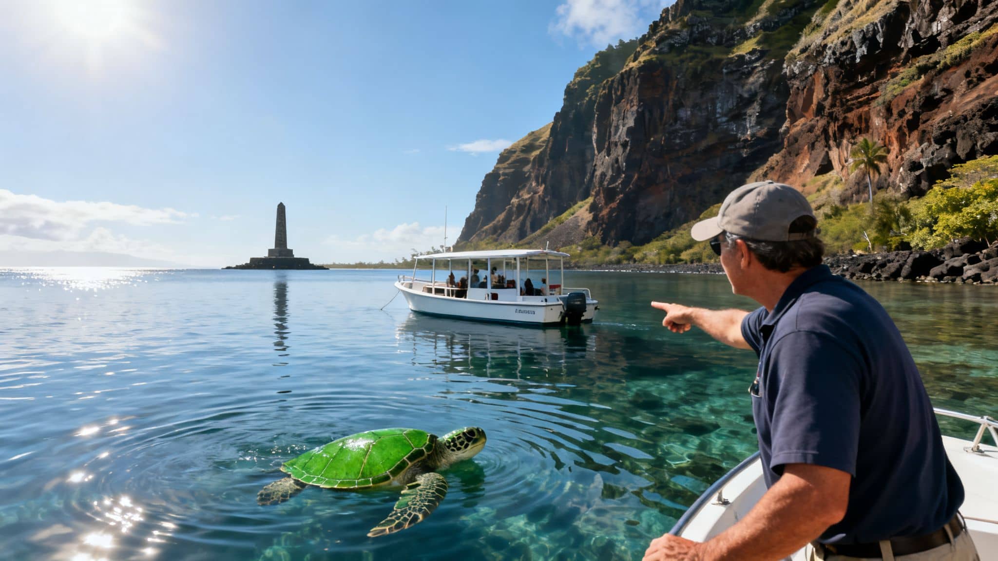 A man on a boat points at a vibrant green sea turtle swimming in clear waters, with cliffs and a distant monument.