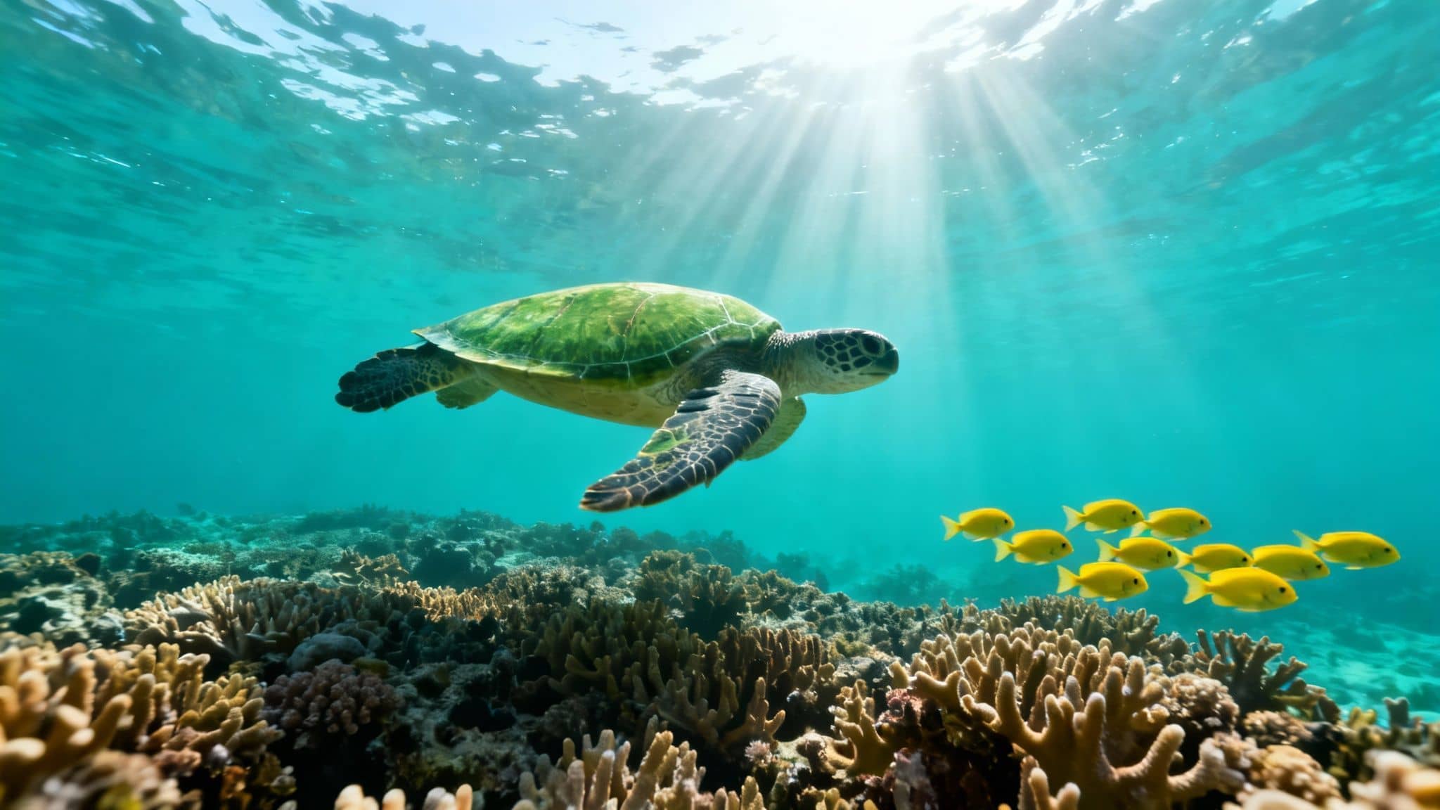 A majestic green sea turtle swims gracefully above a vibrant coral reef with a school of yellow fish, bathed in sunlight.