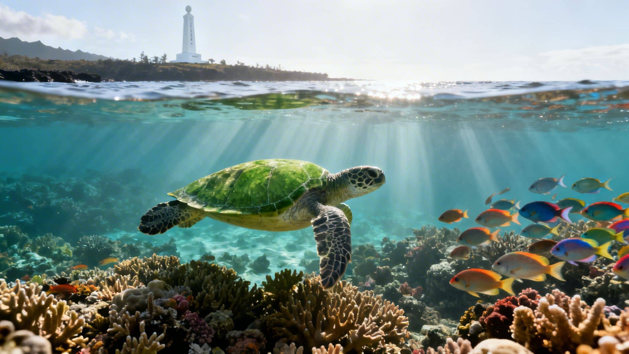 A split-level view of a green sea turtle swimming over a vibrant coral reef with fish, and a distant lighthouse.