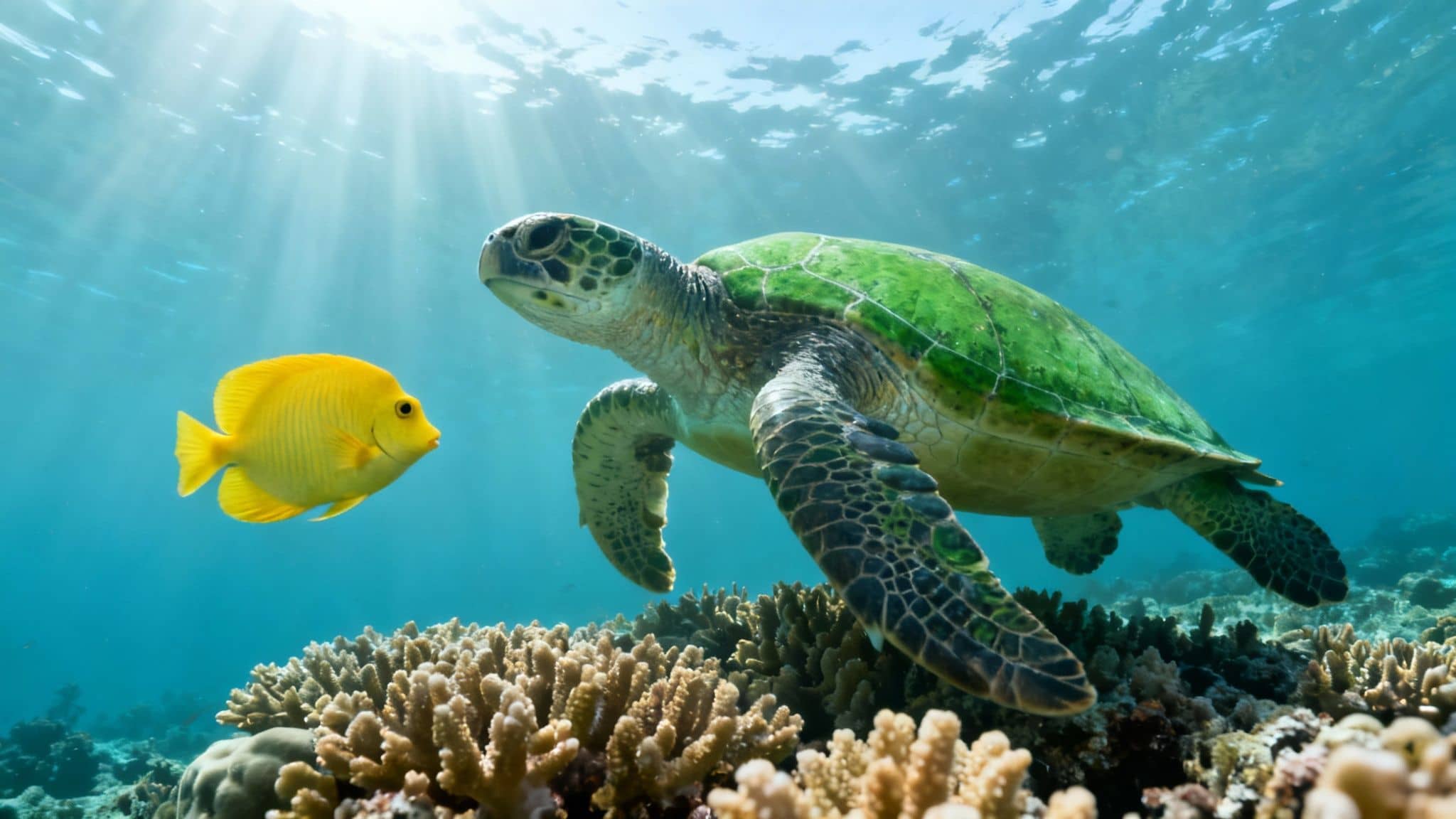 A green sea turtle swims with a yellow fish over a vibrant coral reef in clear blue water.