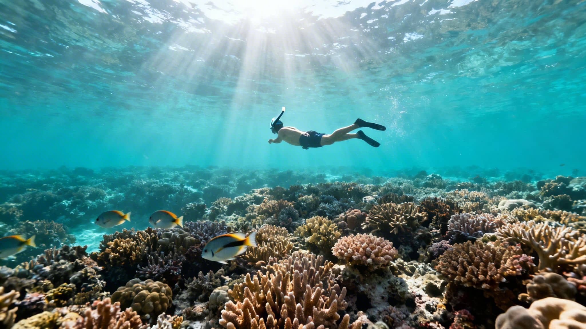 A person snorkeling over a vibrant coral reef with sunbeams penetrating the clear blue water.