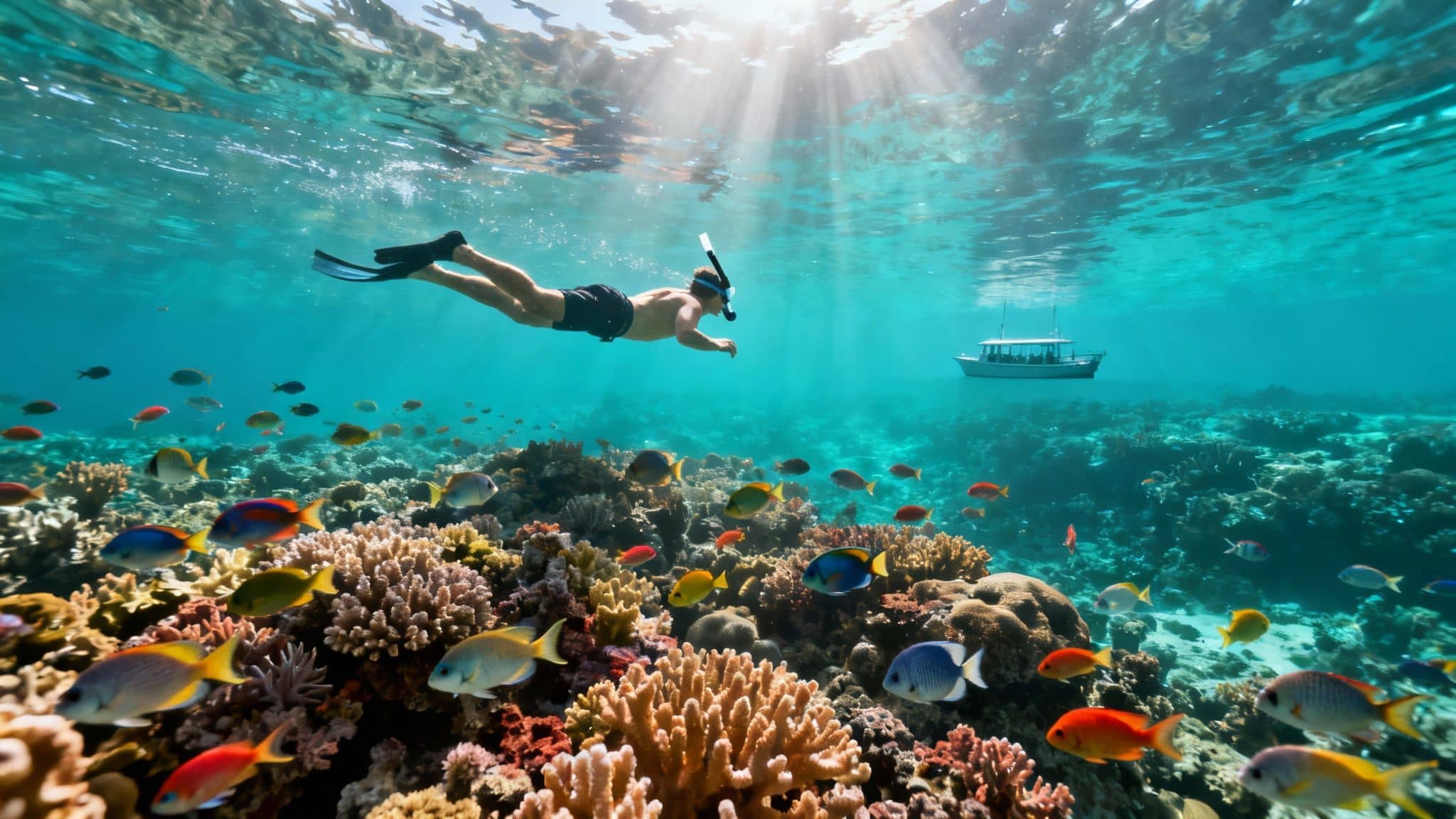 A person snorkeling above a vibrant coral reef teeming with colorful fish and sunlight.