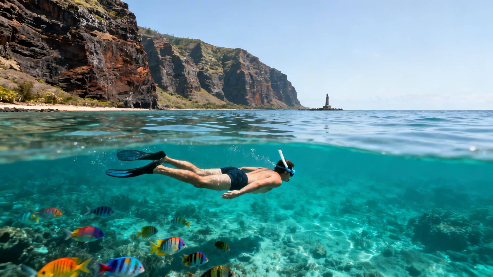 A man snorkeling underwater with colorful fish in clear blue tropical water, a beach and lighthouse visible above.