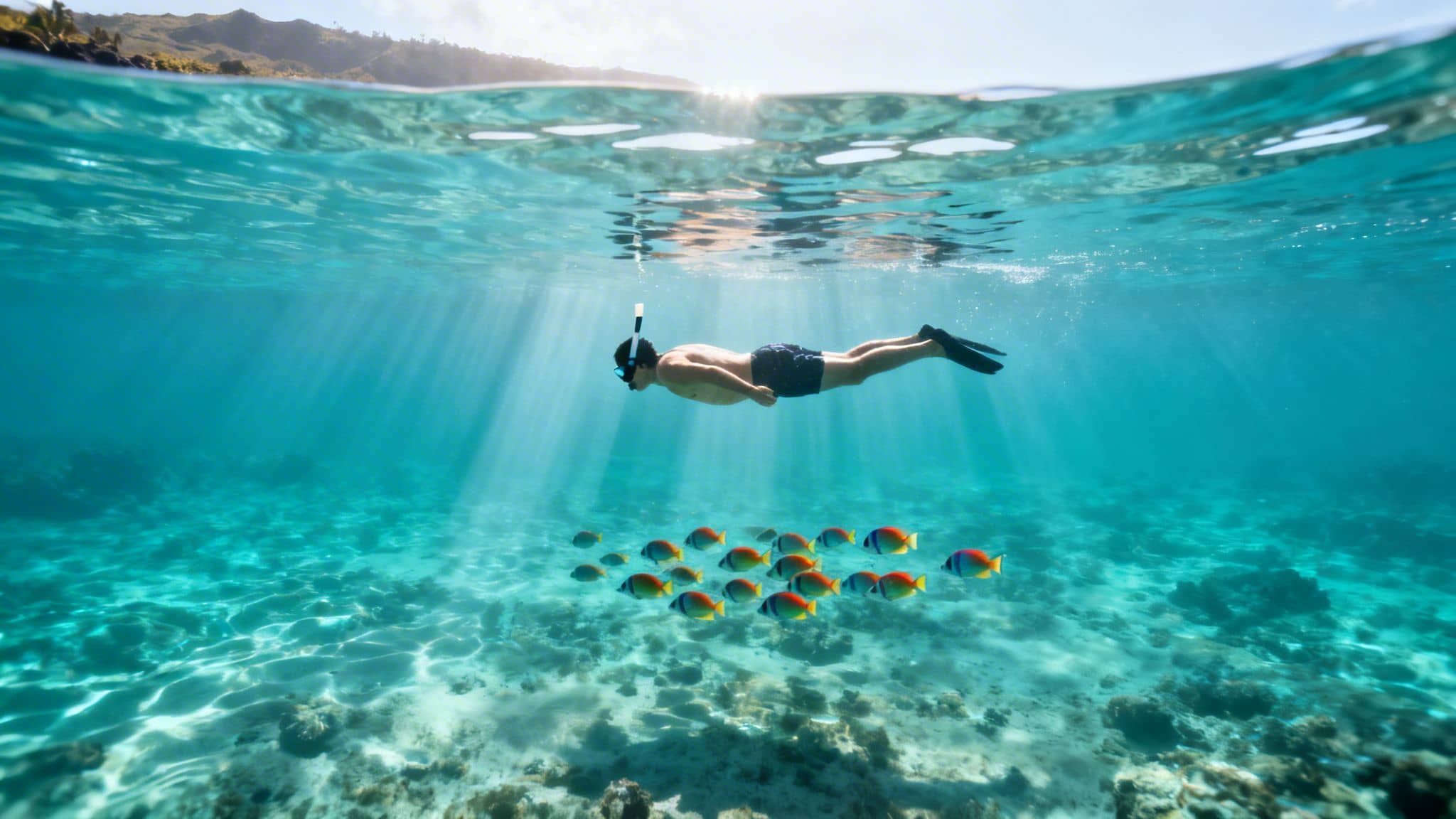 Man snorkeling in clear blue tropical waters with a school of colorful fish and sun rays.