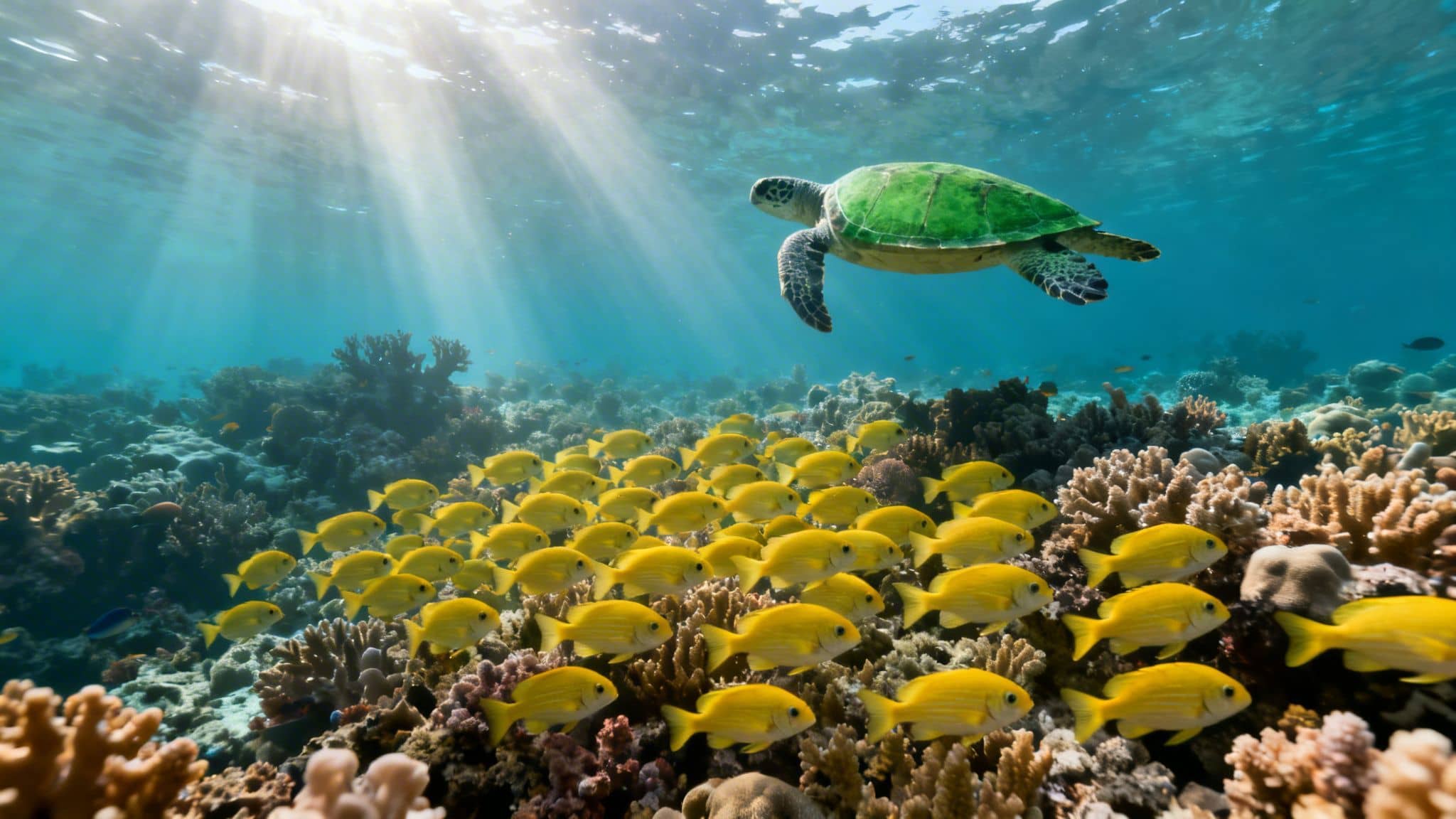 A green sea turtle swims above a vibrant coral reef, with a large school of yellow fish.