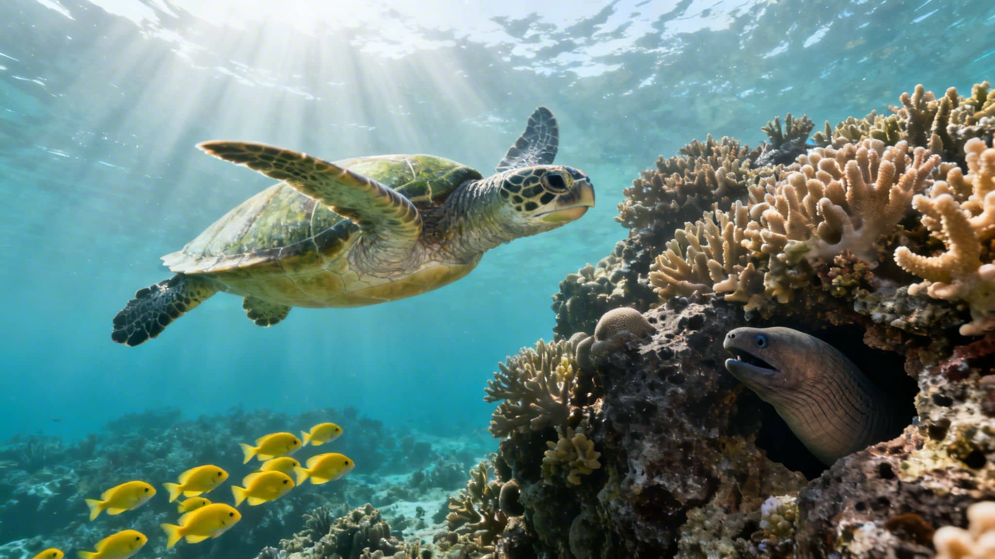 A vibrant underwater scene with a sea turtle, school of yellow fish, and moray eel among coral reefs.