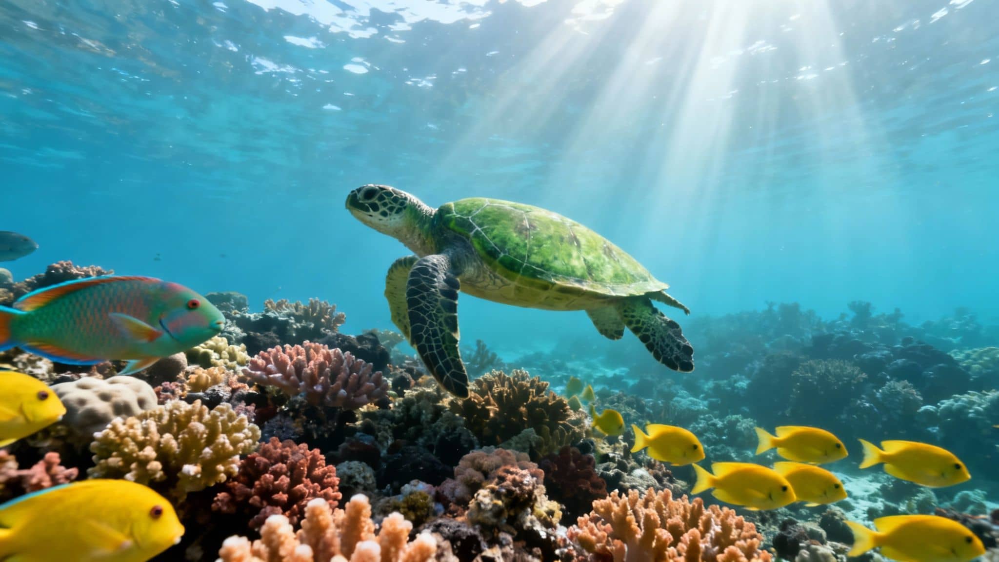 A green sea turtle swims gracefully over a vibrant coral reef teeming with colorful fish, bathed in sunlight.