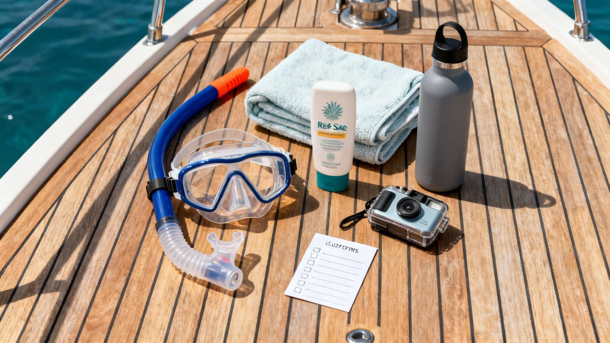 Snorkeling mask, snorkel, towel, sunscreen, water bottle, and camera on a wooden boat deck.