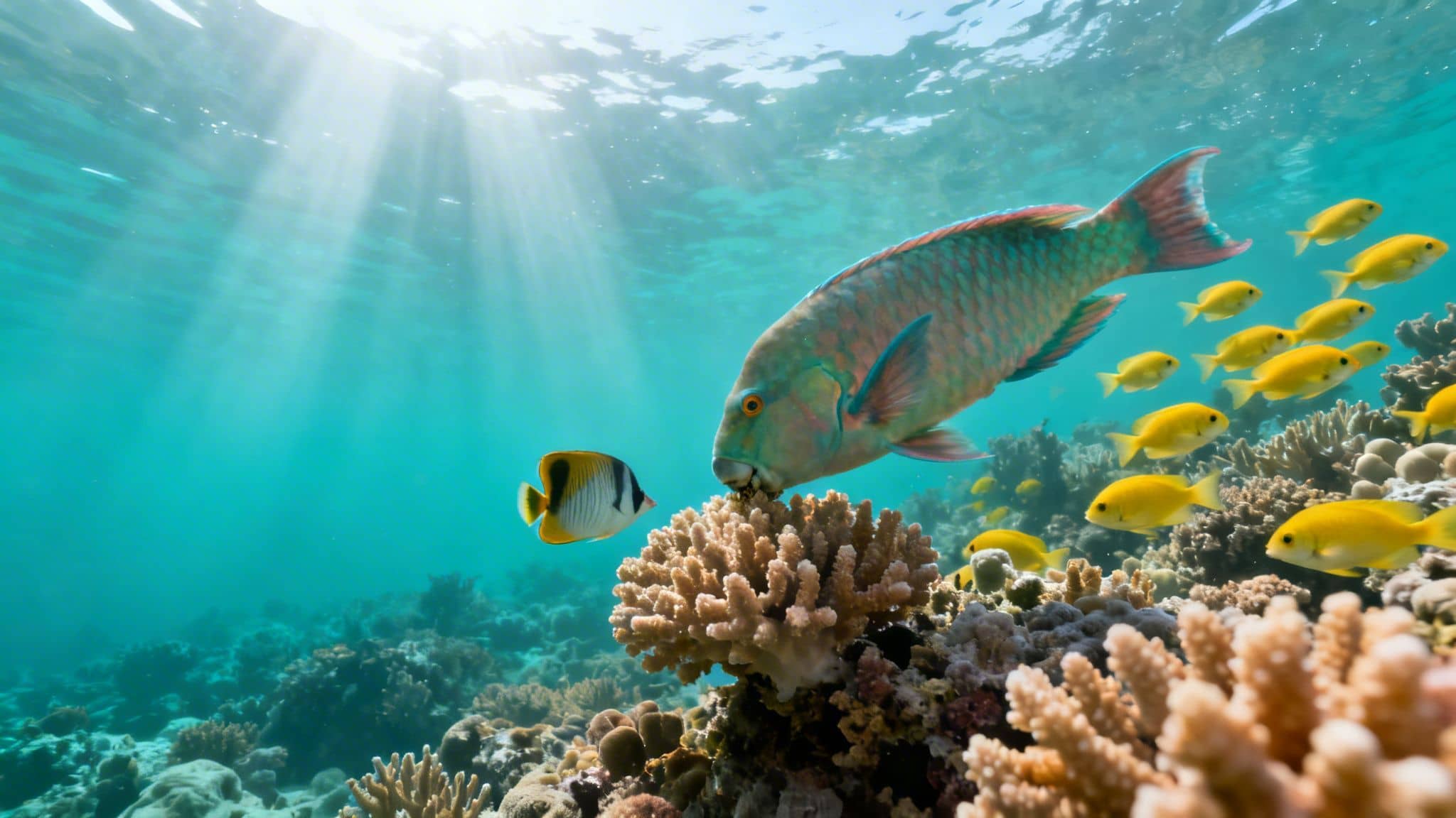 Vibrant underwater scene with a large parrotfish eating coral, a butterflyfish, and school of yellow fish.