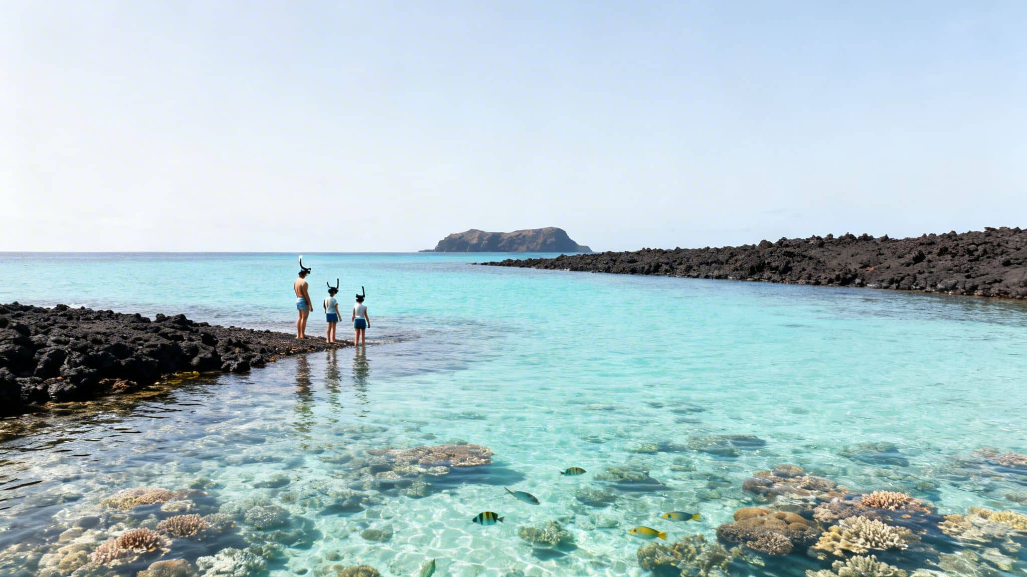 Three people with snorkeling gear stand on a dark rocky beach admiring clear turquoise water with coral and fish.