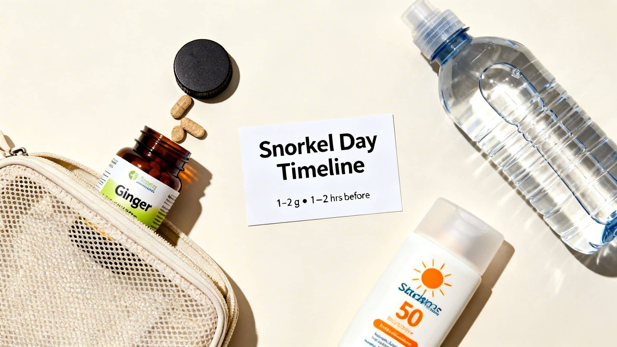 Overhead flat lay of snorkel day essentials: ginger pills, water bottle, sunscreen, and a 'Snorkel Day Timeline' card.